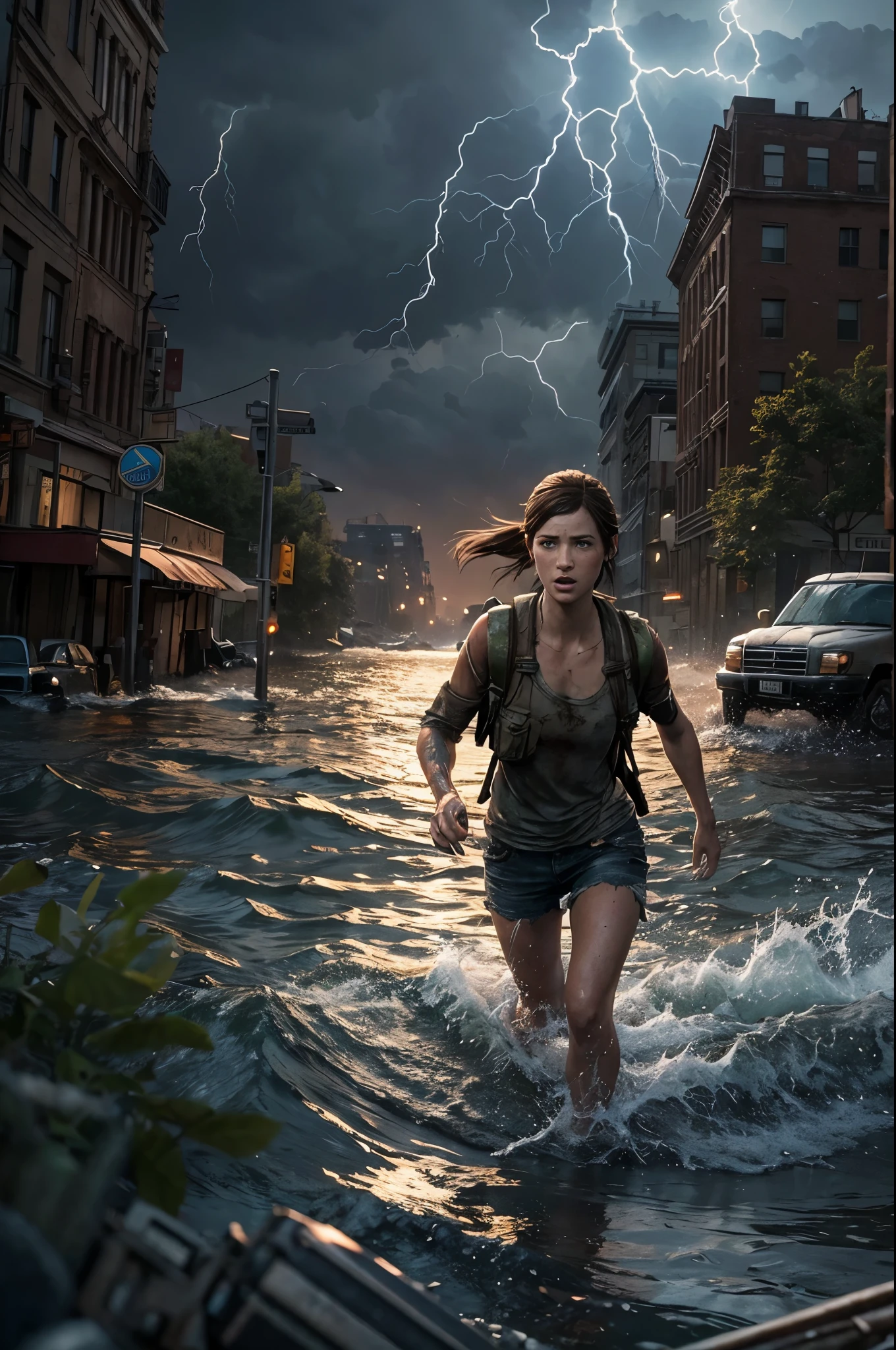 (Ellie the last of us 2), a Masterpiece half body shot, an american dark brown 18 years old girl with freckles running in the water, blue eyes, slender slim body, very small breasts, pale skin, wet body, very detailed face, freckles on face, escaping, frightened, running away, dynamic pose, in an overflooded manhattan street at night, the last of us 2 background, apocalyptic environment, the last of us 2 vibes, thunderstorm, lightnings, wind, waves, catastrophic lightning, Ultra realistic photography, UHD, 8k, sharp photography, wide angle