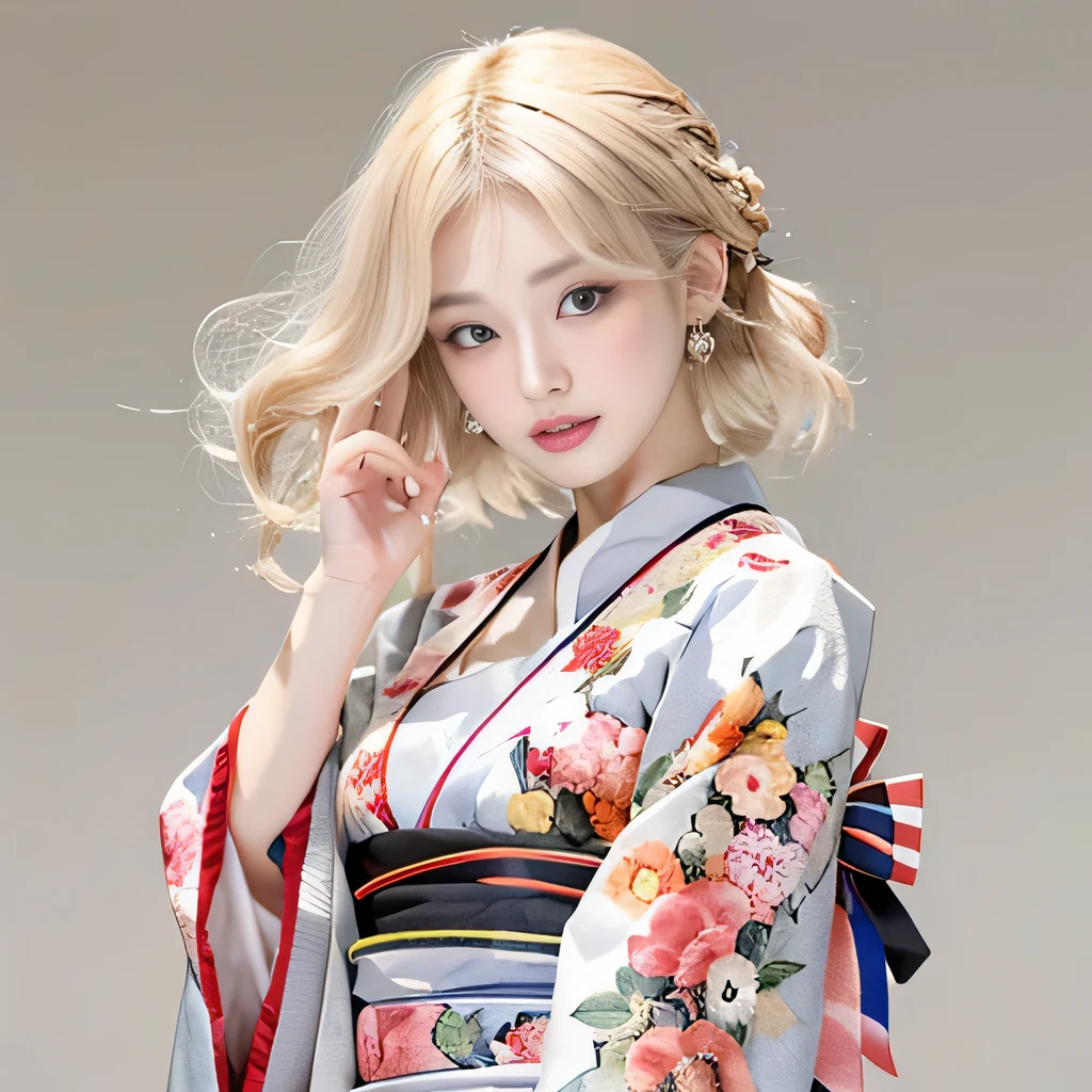8k)、(best image quality:1.5)、gray background、close up of face、1girl、masterpiece、delicate and sharp eyes、brown eyes、eye power、delicate face、cup、fascinating face、platinum blonde hair、Semi-long wave、japanese kimono、white kimono、Kimono with visible collarbone、gal、Emphasis on the clavicle、earrings、