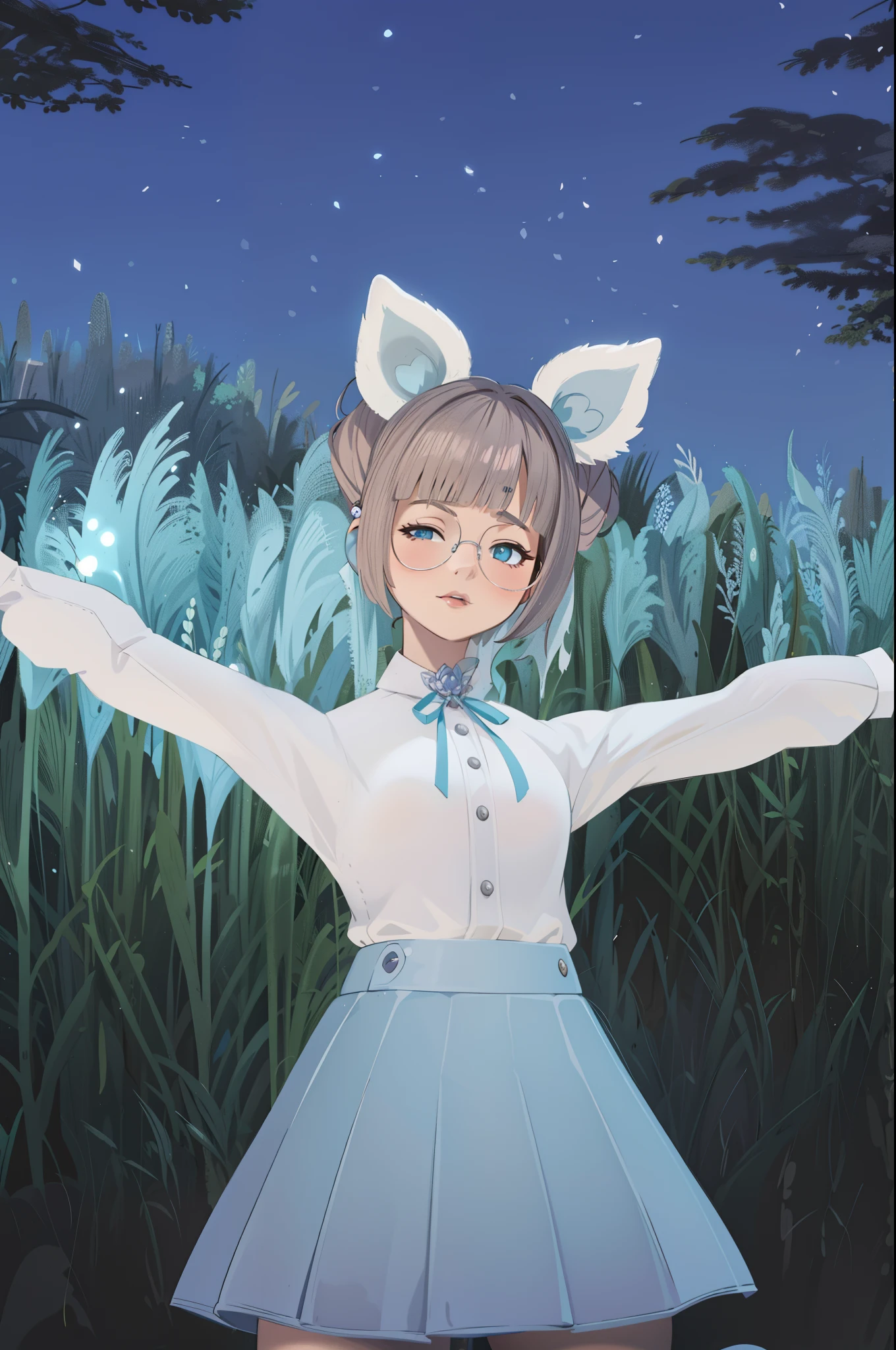 anime girl dans une robe blanche avec ses bras tendus en l'air, fille avec des oreilles de chat, fille aux oreilles de renard, anime fille avec des oreilles de chat, Femme avec des oreilles de chat, lunar themed outfit, rendu d'une jolie fille anime 3D, fille chat blanc, holo est une fille-loup, cheveux roses et yeux cyan, style final fantasy 14