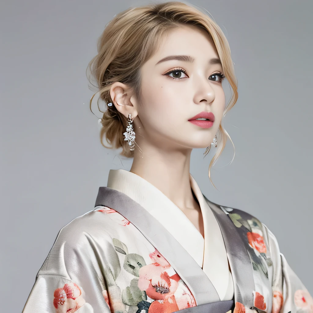 8k）、（best image quality:1.5）、gray background、close up of face、１girl、masterpiece、delicate and sharp eyes、brown eyes、eye power、delicate face、cup、fascinating face、platinum blonde hair、Semi-long wave、japanese kimono、white kimono、Kimono with visible collarbone、gal、Emphasis on the clavicle、earrings、