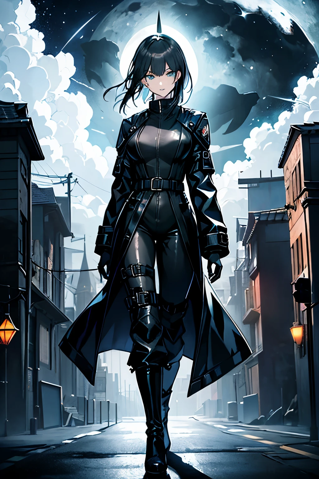 A woman, freshly washed short black hair, bright light blue eyes, pale skin, black latex jumpsuit covering her entire body, black overcoat, black combat boots with heels. She wields two pistols towards the camera, detailed eyes, detailed face, expression of fear. moonlit night, clouds near the moon, dark environment, medieval city full body photo lineart