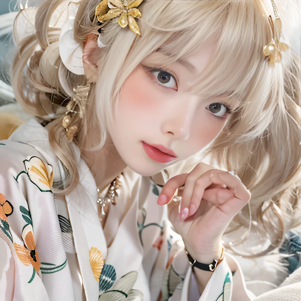 8k)、(best image quality:1.5)、gray background、close up of face、1girl、masterpiece、delicate and sharp eyes、brown eyes、eye power、delicate face、cup、fascinating face、platinum blonde hair、Semi-long wave、japanese kimono、white kimono、Kimono with visible collarbone、gal、Emphasis on the clavicle、earrings、