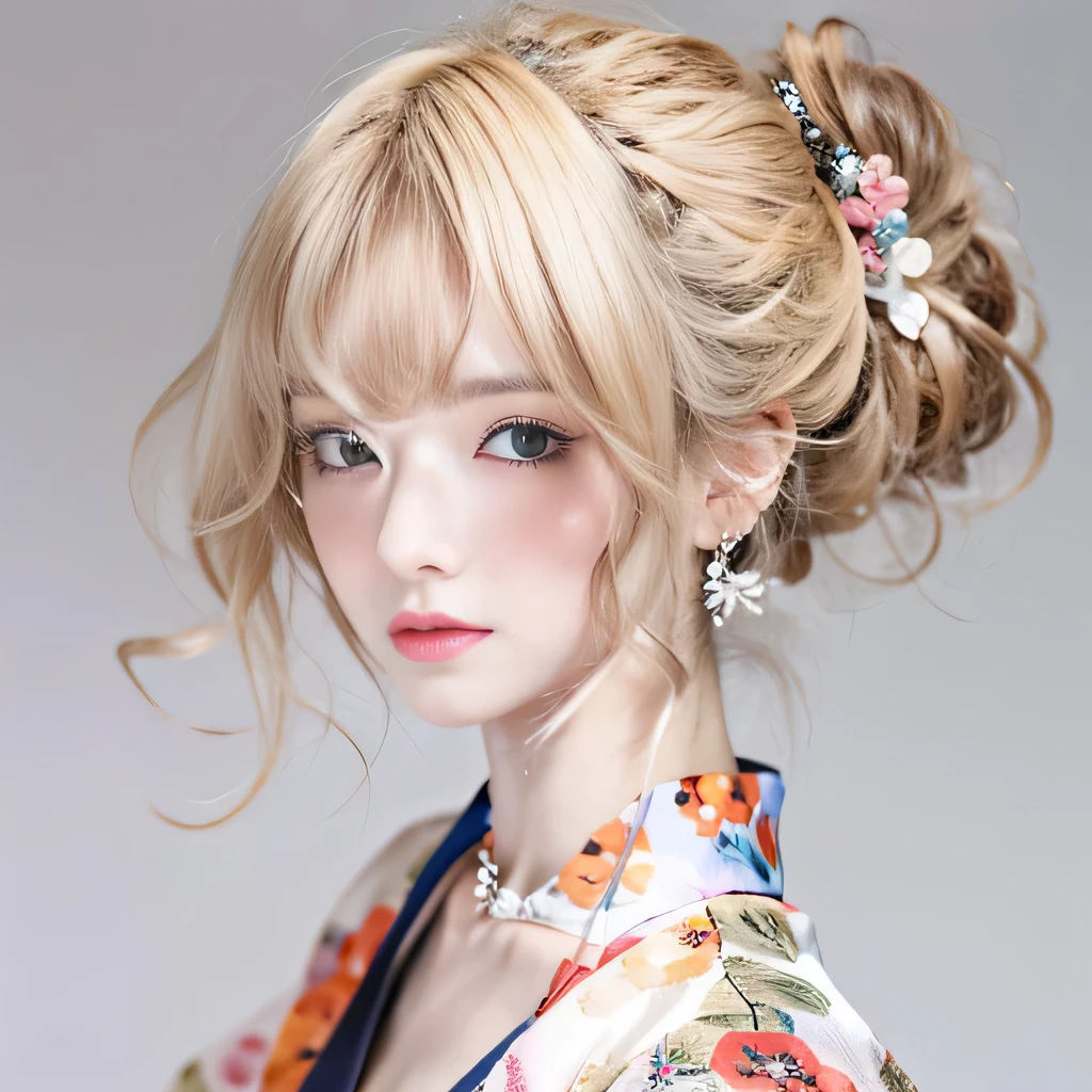 8k）、（best image quality:1.5）、gray background、close up of face、１girl、masterpiece、delicate and sharp eyes、brown eyes、eye power、delicate face、cup、fascinating face、platinum blonde hair、Semi-long wave、japanese kimono、white kimono、Kimono with visible collarbone、gal、Emphasis on the clavicle、earrings、