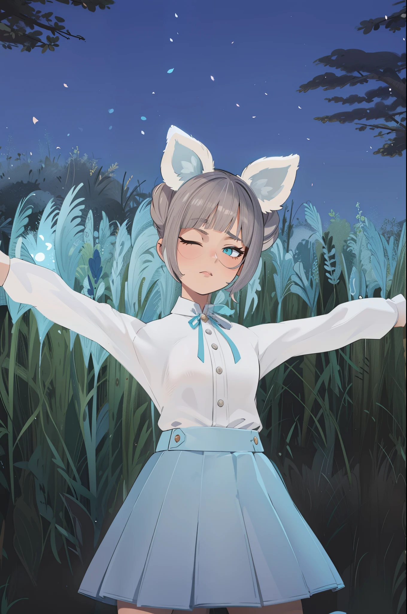 anime girl dans une robe blanche avec ses bras tendus en l&#39;air, fille avec des oreilles de chat, fille aux oreilles de renard, anime fille avec des oreilles de chat, Femme avec des oreilles de chat, lunar themed outfit, rendu d&#39;une jolie fille anime 3D, fille chat blanc, holo est une fille-loup, cheveux roses et yeux cyan, style final fantasy 14
