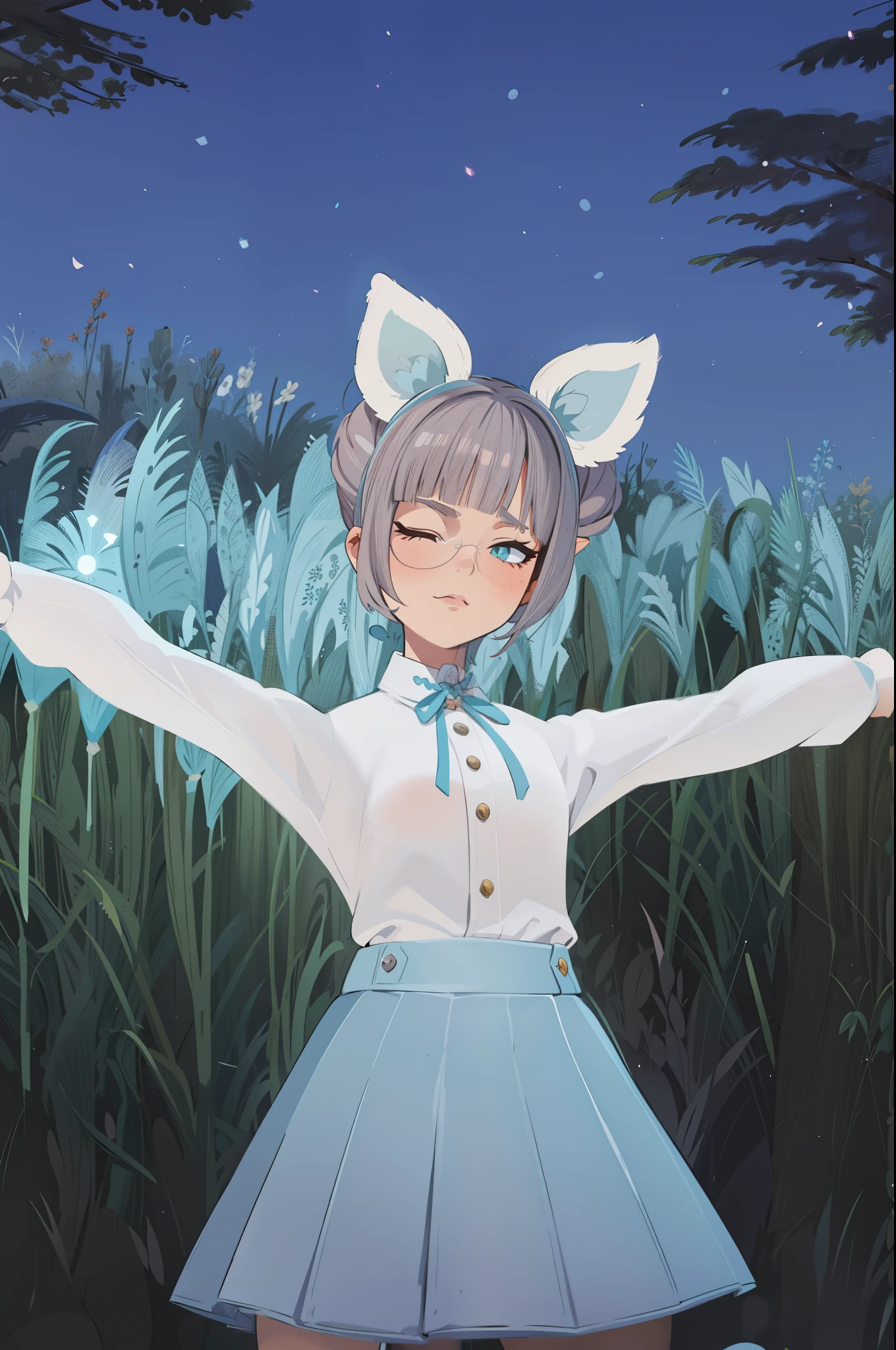 anime girl dans une robe blanche avec ses bras tendus en l'air, fille avec des oreilles de chat, fille aux oreilles de renard, anime fille avec des oreilles de chat, Femme avec des oreilles de chat, lunar themed outfit, rendu d'une jolie fille anime 3D, fille chat blanc, holo est une fille-loup, cheveux roses et yeux cyan, style final fantasy 14