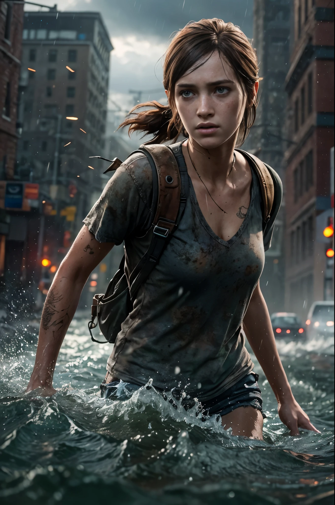 (Ellie the last of us 2), a Masterpiece half body shot, an american dark brown 18 years old girl with freckles running in the water, blue eyes, slender slim body, very small breasts, pale skin, wet body, very detailed face, freckles on face, escaping, frightened, running away, dynamic pose, in an overflooded manhattan street at night, the last of us 2 background, apocalyptic environment, the last of us 2 vibes, thunderstorm, lightnings, wind, waves, catastrophic lightning, Ultra realistic photography, UHD, 8k, sharp photography, wide angle