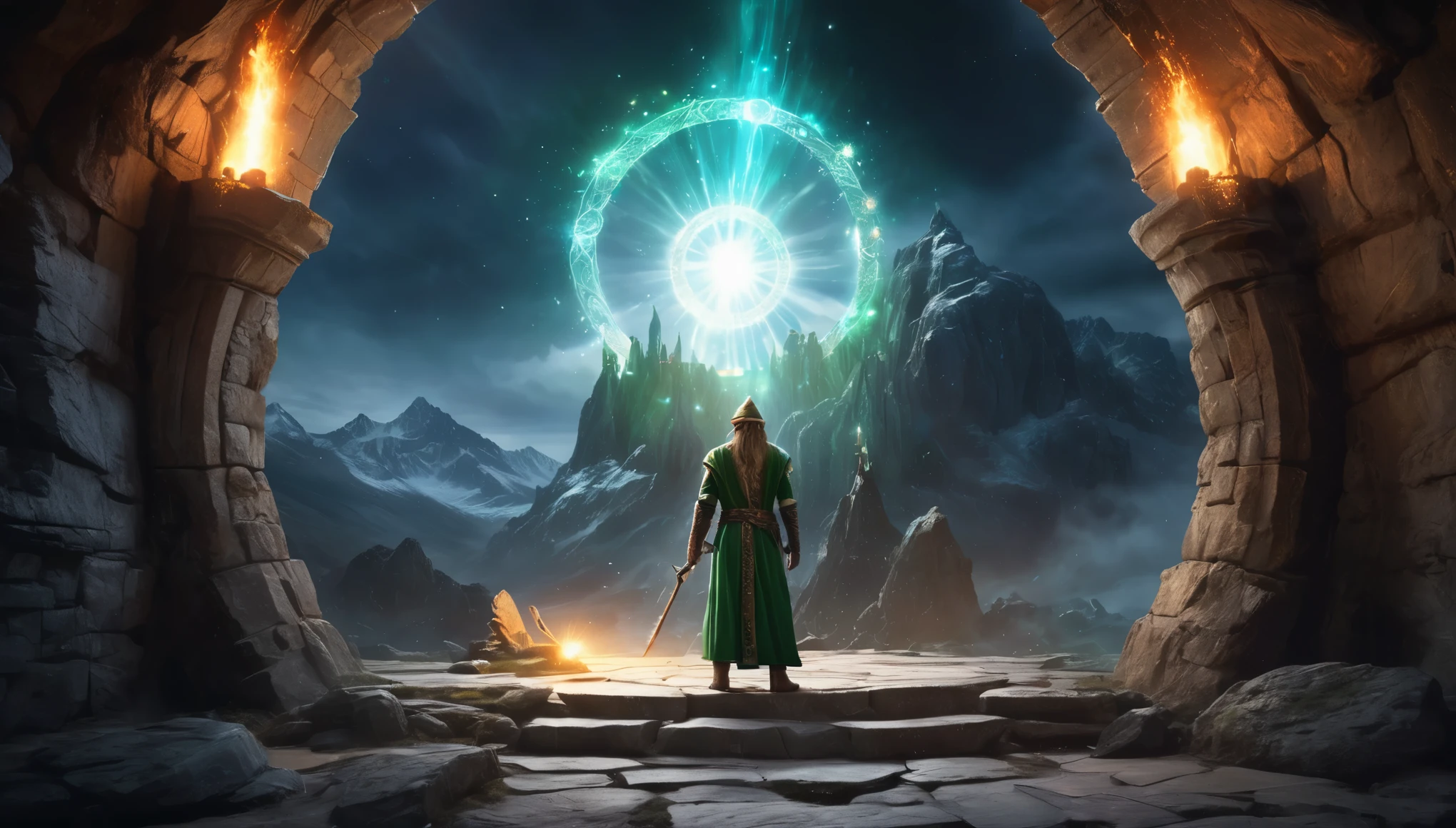realistic picture, dark fantasy atmosphere, Three Shot (3-Shot), A powerful mage is standing in front of a portal he is opening to another world, he is followed by several heroes of different races (human, elf, dwarf, lowlander), a stone cave inside a citadel in the mountains, Glow from the torch and portal, mythical and magical atmosphere, magic is everywhere, it permeates the stones and characters, Many Magic circles in portal, circle portal, magic cirlcle, magic light, The portal's circular frame sparkles with many different colors and electricity, different colors, 8K, raw photo, high depth of field, cinematic,