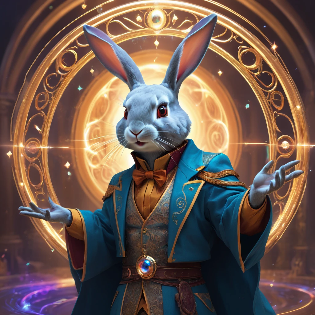 (Magic Circle:1.5), aesthetic, extremely detailed, Detailed portrait of rabbit magician, Digital art, art station, concept art, HD, 8k resolution, fantasy art, detailed matte painting, deep color, fantastical, intricate detail, splash screen, complementary colors, fantasy concept art, 8k resolution trending on Artstation Unreal Engine 5