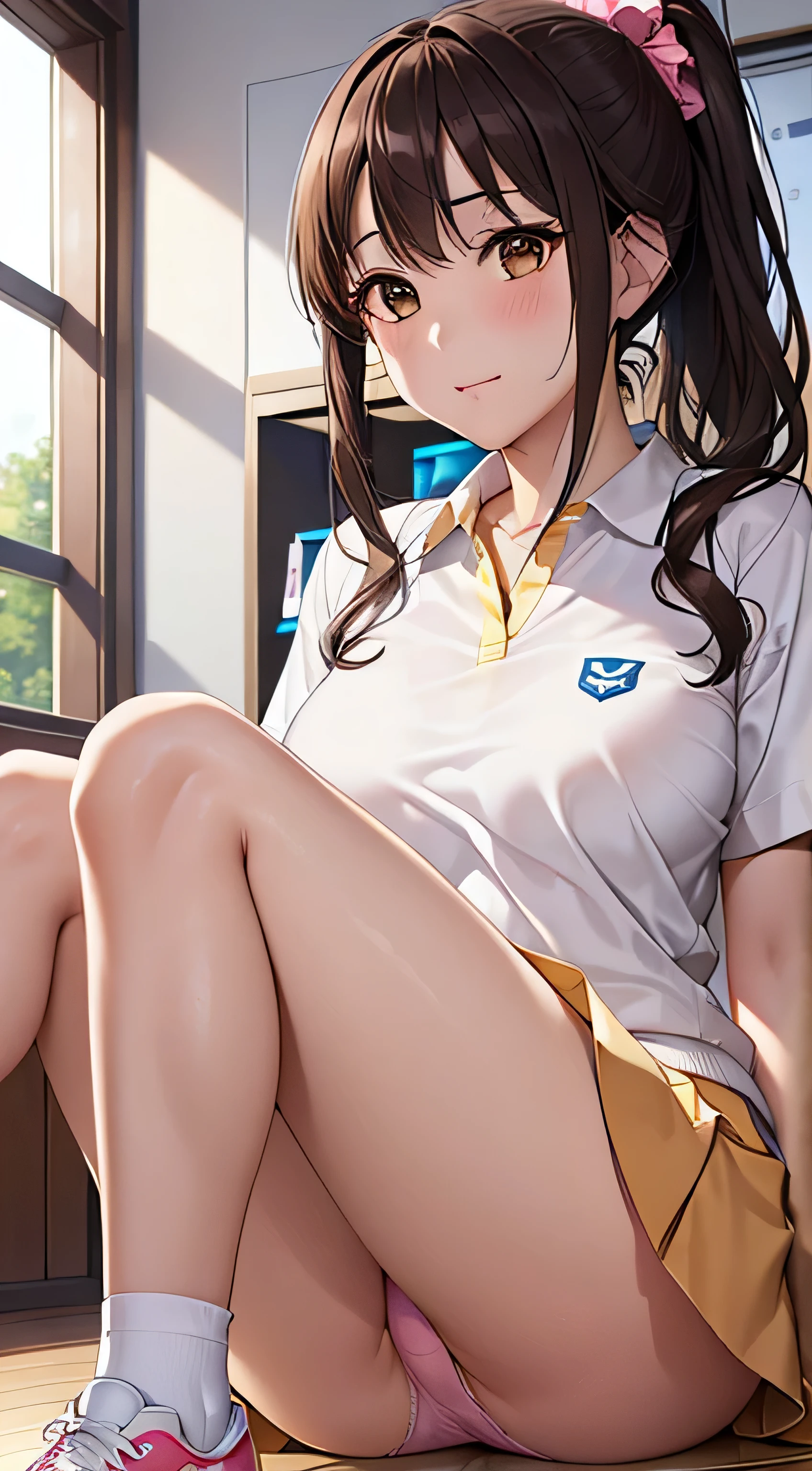 table top, highest quality, High resolution, perfect pixel, 4k,, 1 girl, single, alone, Beautiful woman、I could see the whole body、 ((ponytail、wavy hair, bangs, brown hair)), ((brown eyes, beautiful eyelashes, realistic eyes)), ((detailed face, blush:1.2)), ((smooth texture:0.75, realistic texture:0.65, realistic:1.1, Anime CG style)), medium breasts, dynamic angle, perfect body, ((white tennis wear、White short-sleeved shirt with collar、light yellow frilled skirt、white tennis shoes、sit with legs spread、pink lace panties、))、locker room、、Very embarrassing panic smile、upper grade、、my chest is wet、cover your chest with both hands