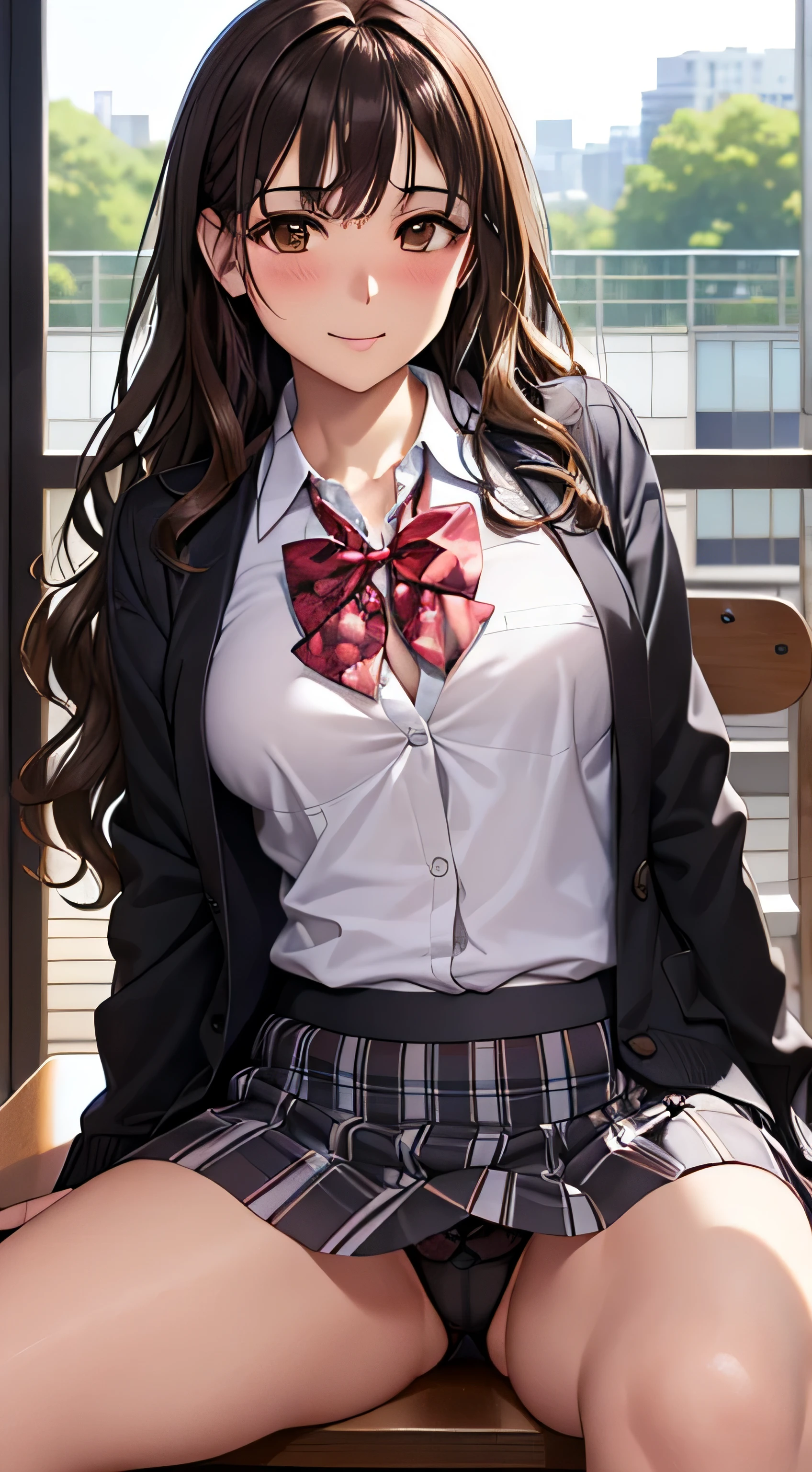 Anime girl sitting on a bench with a bow tie - SeaArt AI