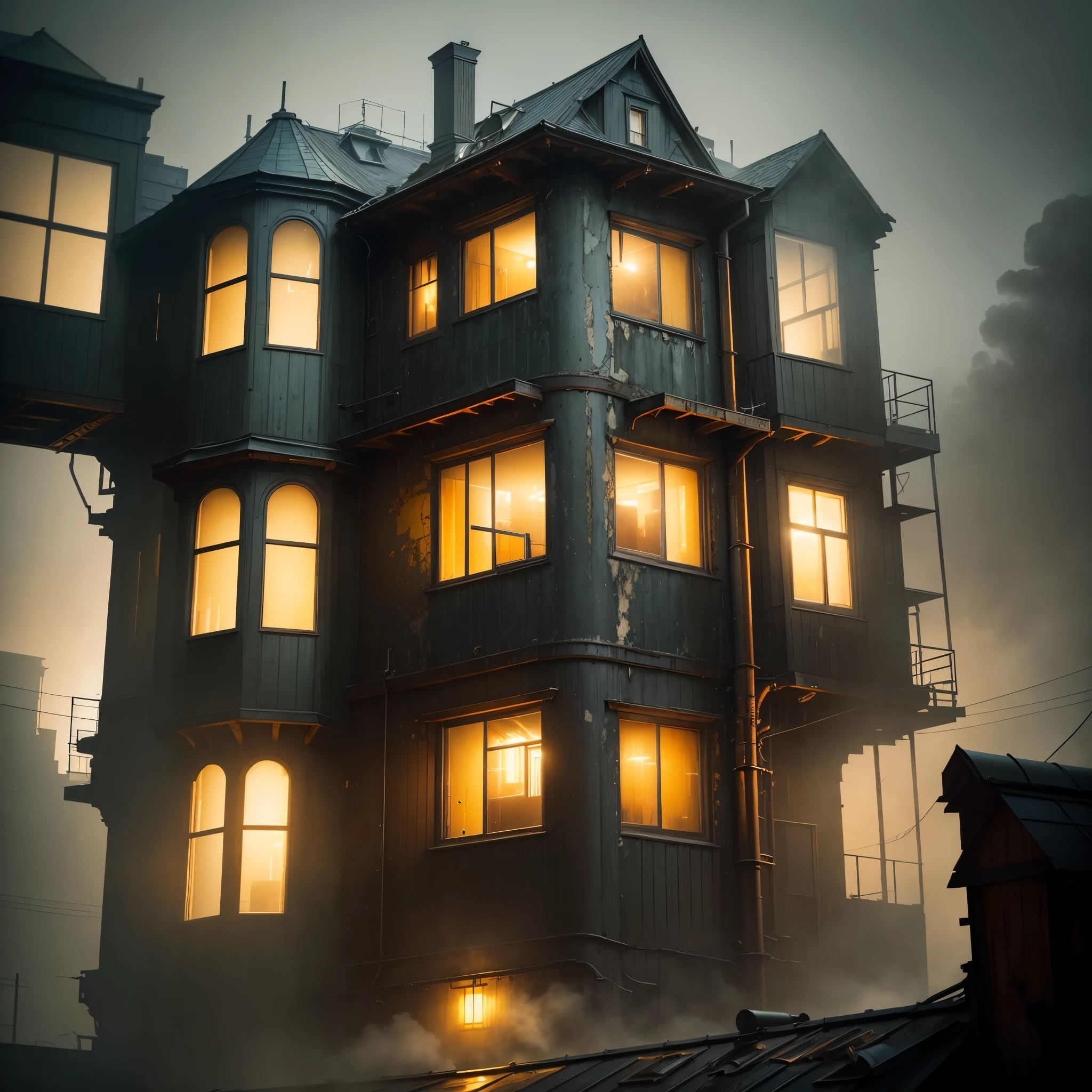 A detailed masterpiece. Close view to window of A large (two-story house) a bit of grungy steam-punk design goes to the horizon, long dark, riveted, smoked windows, texture of old peeling paint, endless evenly lit rainy space in fog, yellow light, rain haze soft uniform pearly ambient light