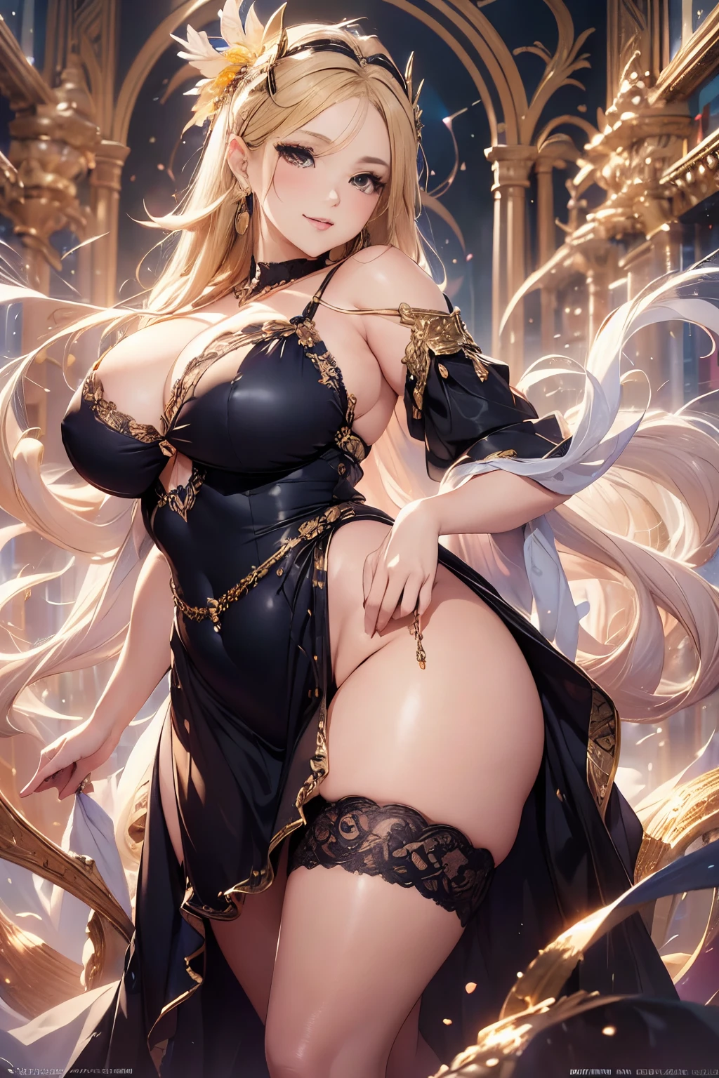 最高のmasterpiece、beautiful美しさ, 3D two-dimensional, rich, blonde, skirt, stockings, high heels, star、(Highly detailed CG Unity 8k wallpaper),(masterpiece), (最high quality), (Super detailed), (best work),(best shadow), (sharp eyeliner, eye shadow, fine eye:1.1), (超High resolution,realistic,最high quality,realistic),(8k,RAW photo,最high quality),mature woman、sensual curves、huge breasts、thighs、bubble、お尻のmasterpiece, 最high quality, Super detailed, full body shot, mature woman, beautiful女性,  enchanting smile, thick lips, chubby lips, blush, looking at the viewer, provocative expression, beautiful髪型, cleavage, Plump、curvy hips、attractive face、sexy dress、an inviting gaze、expression of emotions、(((erotic dress)))、Standing position、gorgeous accessories 、big breastsの女性, golden hair, colored feather, metal ornaments, colored flowers, particle, light, (masterpiece, 最high quality, 最high quality, official art, beautiful and aesthetic:1.2), (1 girl:1.3), very detailed,(fractal art:1.1),(colorful:1.1)、(flowers:1.3),most detailed,(tangled:1.2), (dynamic pose), (abstract background:1.3), (shiny skin), (lots of colors :1.4), ,(earrings:1.4), (feather:1.4),masterpiece, 最high quality, Super detailed, 30~40 years, full body shot, beautiful 、various hairstyles，gold headband，plump breasts，beautiful butt，greek clothing，Tulle covers the chest，perfect balance, Detailed details of costume,marble，Statue of God，cinematic lighting, film grain, 8k, masterpiece, Super detailed, high detail, high quality, High resolution、openwork decoration，(((see through dress)))、(((解剖学的に正しいbody))) , 最high quality, Super detailed, raise your butt, from below, thighs, big breasts, Are standing, cowboy shot, blush, (((1 girl))), (masterpiece:1.3), (High resolution), (8k), (very detailed), perfect face, Nice eye and face, (((最high quality))), (Super detailed), detailed face and eye, (alone), High resolution、beautifuleye,(((sexy pose)))、(((整ったbig breasts)))、((beautiful eye))、luxury、(((超High resolution)))、(((detailed description)))、(((ぽっちゃりbody型)))、(((解剖学的構造に一致したbodyの部位)))、beautiful長いまつ毛、バランスのとれたbody型,The legs and arms are just the right size、Fishnet tights、glamorous、(((Clear white and black eye)))、lipstick、Sparkling、(Undistorted face, eye, body)、jewelry、gem、(長くカールしたbeautifulまつ毛)、(((バランス良いbeautiful胸)))、(transparent, Exquisite skin:1.2)、(((完璧なglamorousボディー)))、actress face、Super beautiful、cute smile、Healing beauty、flower shower、完璧なeye、realistic depiction、super sexy、shiny、glamorous、double eyelids、Good dark compensate、compensate、ぼやけていないeye、(((Plump face)))、cute face 、(((shiny輝く肌))) 