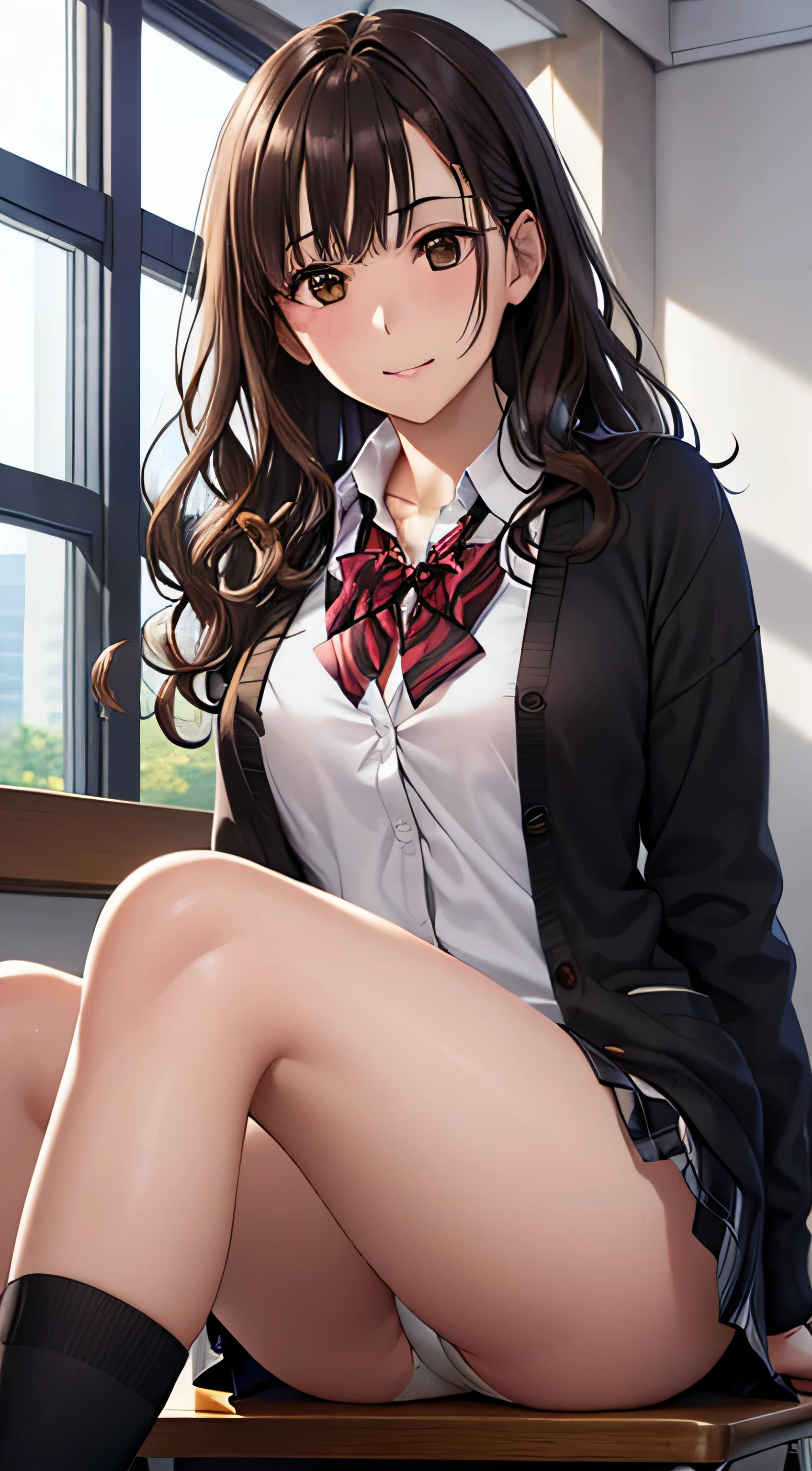 (table top, highest quality, High resolution, , perfect pixel, 4k,), 1 girl, single, alone, Beautiful woman、I could see the whole body、 ((wavy middle hair, bangs, brown hair)), ((brown eyes, beautiful eyelashes, realistic eyes)), ((detailed face, blush:1.2)), ((smooth texture:0.75, realistic texture:0.65, realistic:1.1, Anime CG style)), medium breasts, dynamic angle, perfect body, ((red bow tie, school uniform, black jacket, open jacket,cardigan, white shirt, black skirt, shirt unbuttoned、plaid skirt)), upper grade、shy smile、school classroom、evening、sit at desk、(open your legs、get down on one knee、、white floral lace panties)、