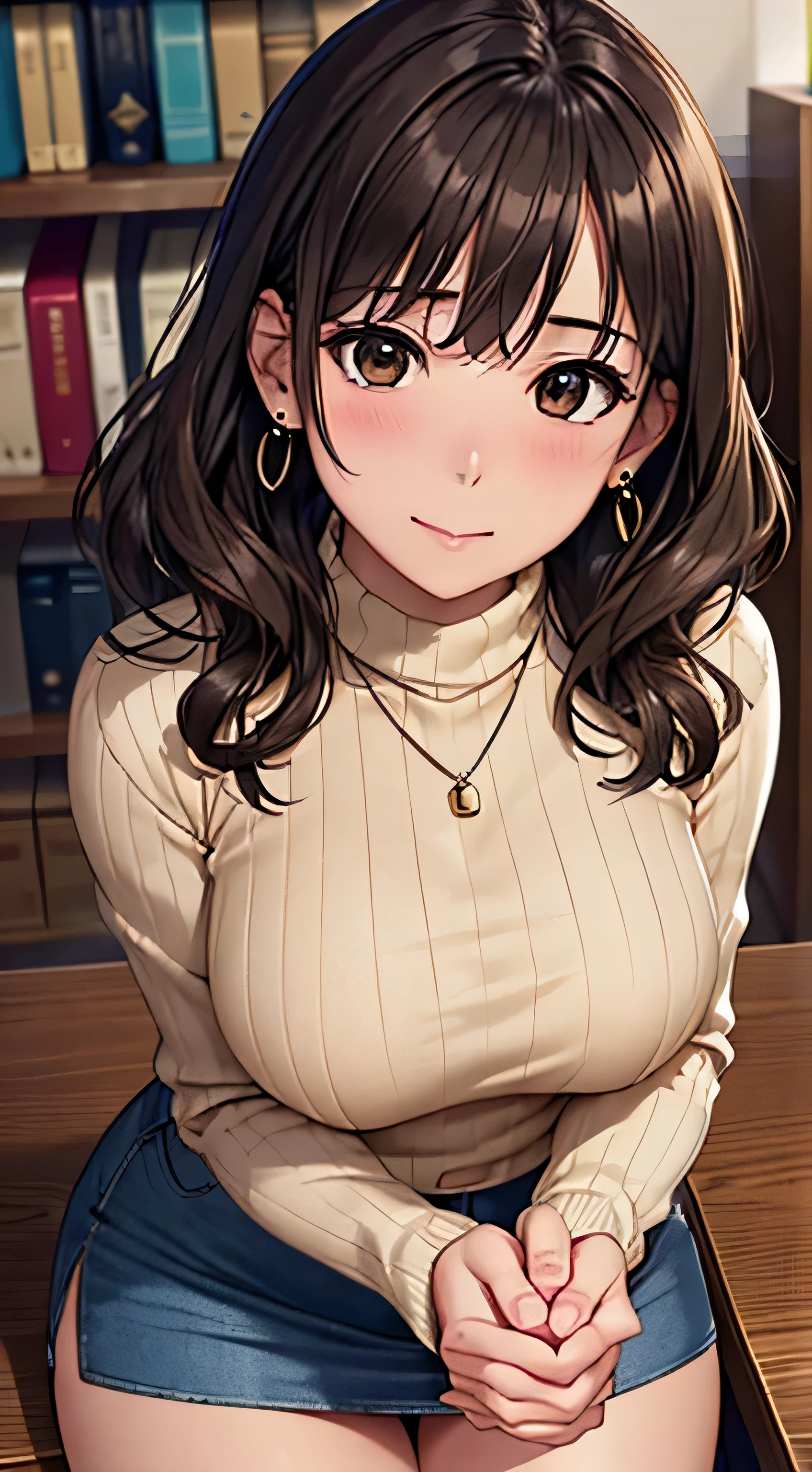(table top, highest quality, High resolution, , perfect pixel, 4k,), 1 girl, single, alone, Beautiful woman、I could see the whole body、 ((wavy middle hair, bangs, brown hair)), ((brown eyes, beautiful eyelashes, realistic eyes)), ((detailed face, blush:1.2)), ((smooth texture:0.75, realistic texture:0.65, realistic:1.1, Anime CG style)), ((soft chest)), dynamic angle, perfect body, ((, beige turtleneck sweater、Tight Denim Mini Skirt、black stockings、cute necklace、Massage her breasts with both hands over her earring clothes)), 、upper grade、shy smile、In front of the bookshelves in the library、sit at desk、(angle from below、)