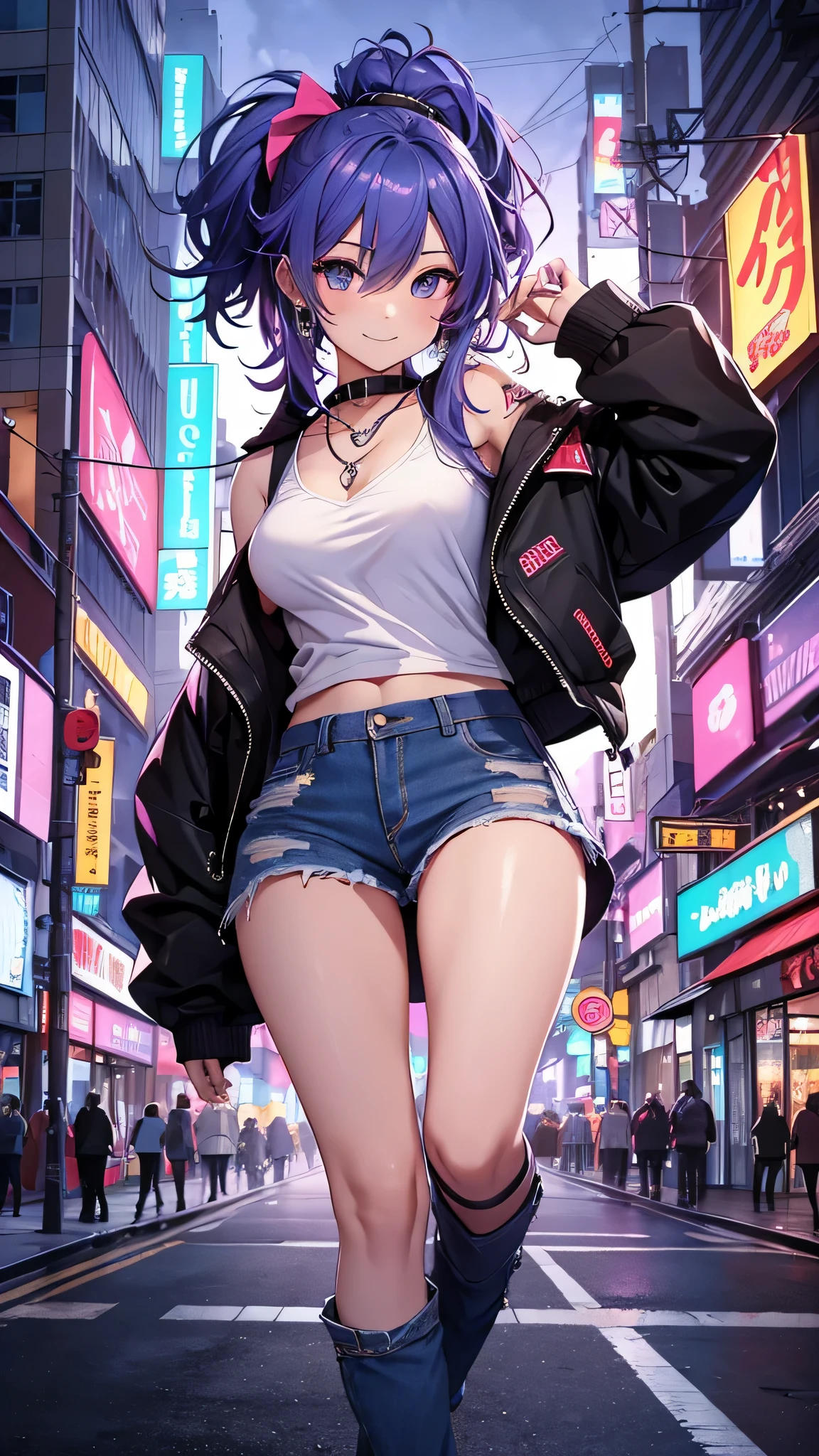 Ssxy woman, bra and panties, short purple hair, knee high socks, sneakers, outside, on phone, busy street, casually standing, full body, crowded area, voyeurism