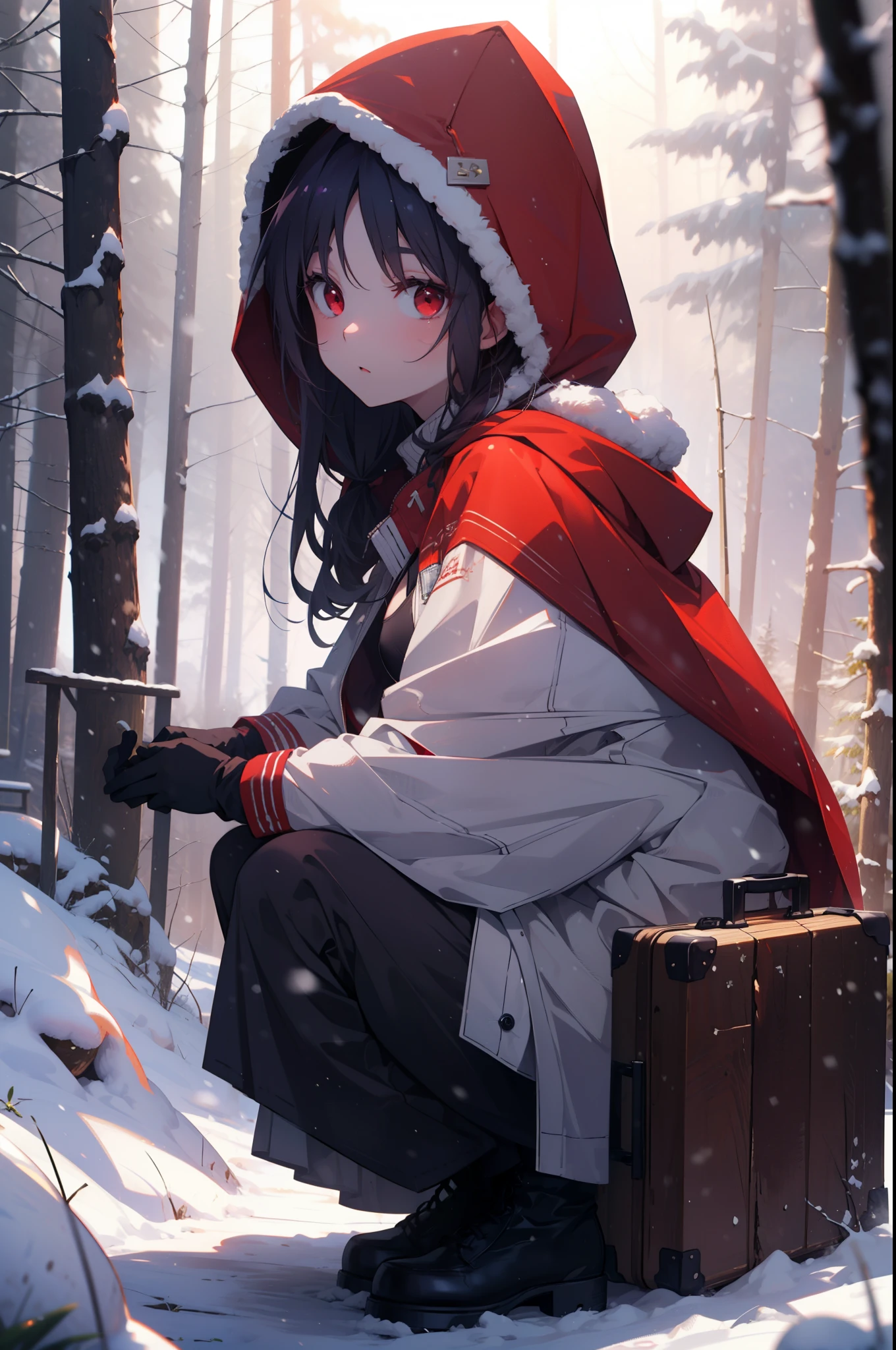 yuukikonno, Yuki Konno, hair band, long hair, pointed ears, purple hair, (red eyes:1.5), (small breasts:1.2), open your mouth,snow, hood, fire, outdoors, boots, snowing, From the side, wood, suitcase, cloak, blurry, hood up, forest, gloves, nature, brown eyes, red gloves, squat, closed mouth, hooded cloak, winter, Depth of the bounds written, black shoes, red cloak
break looking at viewer, Upper body, whole body,
break outdoors, forest, nature,
break (masterpiece:1.2), highest quality, High resolution, unity 8k wallpaper, (figure:0.8), (detailed and beautiful eyes:1.6), highly detailed face, perfect lighting, Very detailed CG, (perfect hands, perfect anatomy),