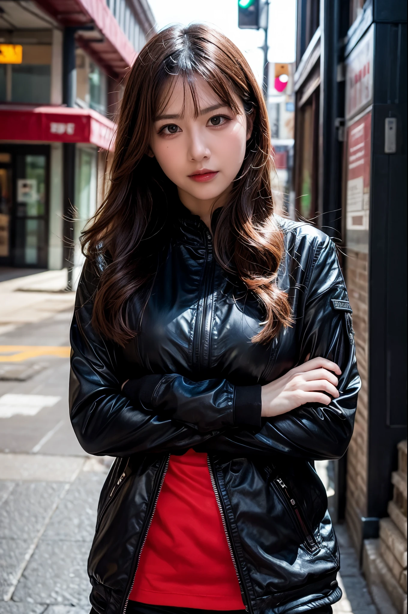 1 Japanese girl, これから要人をassassinationしにいく女の子, warframe, complex pattern, heavy metal, energy line, faceless, shining eyes, elegant, intense, Blood-red and black body-fitting uniform, Alone, modern, city, street, dark clouds, thunderstorm, heavy rain,, dramatic lighting,, (masterpiece:1.2), highest quality, High resolution,   beautiful, very detailed, perfect lighting, kill、Infiltration、assassination、full body shot:1.14,