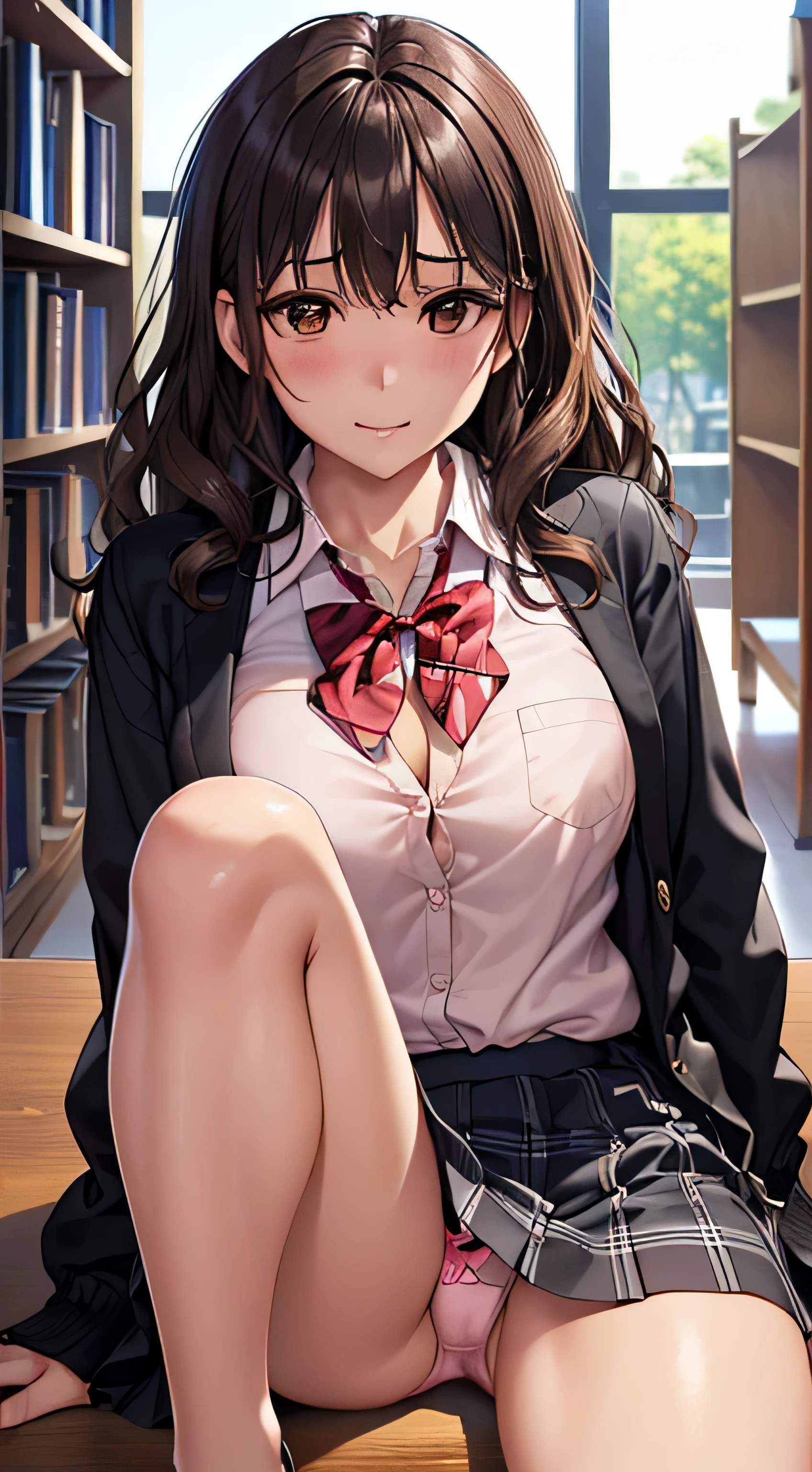 (table top, highest quality, High resolution, , perfect pixel, 4k,), 1 girl, single, alone, Beautiful woman、I could see the whole body、 ((wavy middle hair, bangs, brown hair)), ((brown eyes, beautiful eyelashes, realistic eyes)), ((detailed face, blush:1.2)), ((smooth texture:0.75, realistic texture:0.65, realistic:1.1, Anime CG style)), medium breasts, dynamic angle, perfect body, ((red bow tie, school uniform, black jacket, open jacket,cardigan, white shirt, black skirt, shirt unbuttoned、plaid skirt)), upper grade、shy smile、evening、sit at desk、(open your legs、library、get down on one knee、Close your chest with both arms、pale pink floral lace panties)、