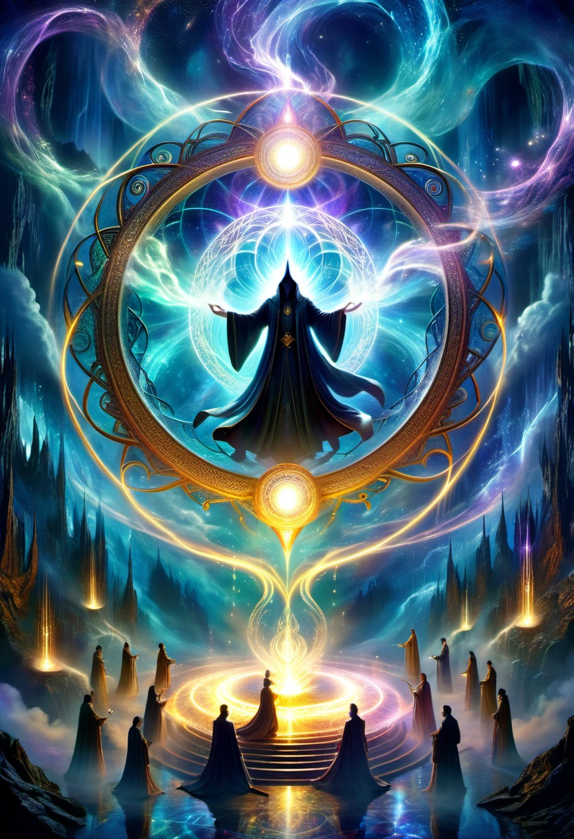   Power beyond reality The magic circle shows power beyond reality，Their presence makes magic possible. Summoning rituals. Magic circles are a key element of summoning rituals.，Their design and structure serve to channel and control the power of magic。

              The pulsation of magic. The energy flow and pulsation in the magic circle make people feel a kind of magic and power. The magic is filled with intricate, surreal, fantasy, art, light and shadow art, mysterious atmosphere, high definition.,best quality, Very detailed, masterpiece, official art, Lighting effects