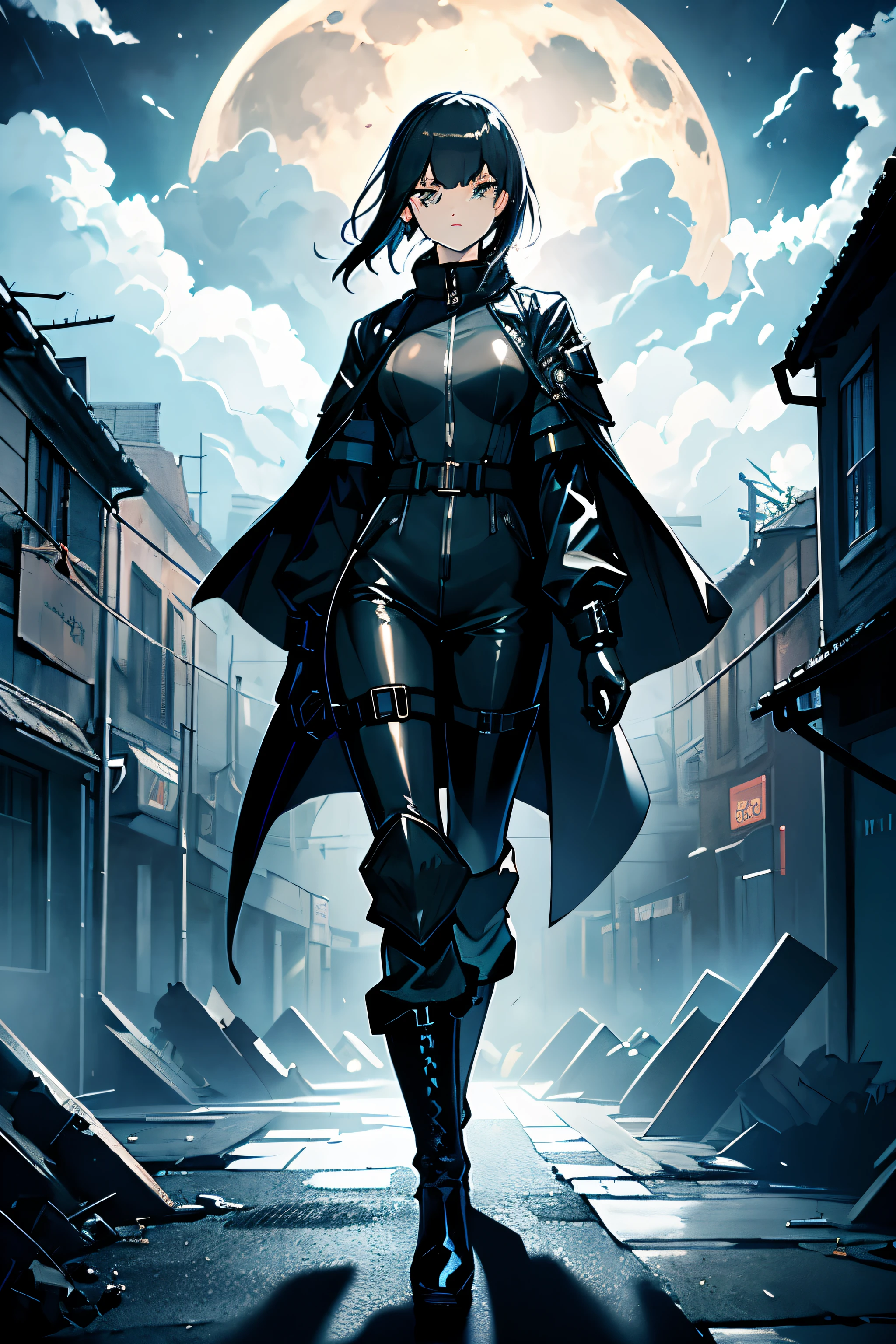 A woman, freshly washed short black hair, bright light blue eyes, pale skin, black latex jumpsuit covering her entire body, black overcoat, black combat boots with heels. She wields two pistols towards the camera, detailed eyes, detailed face, expression of fear. moonlit night, clouds near the moon, dark environment, medieval city full body photo lineart