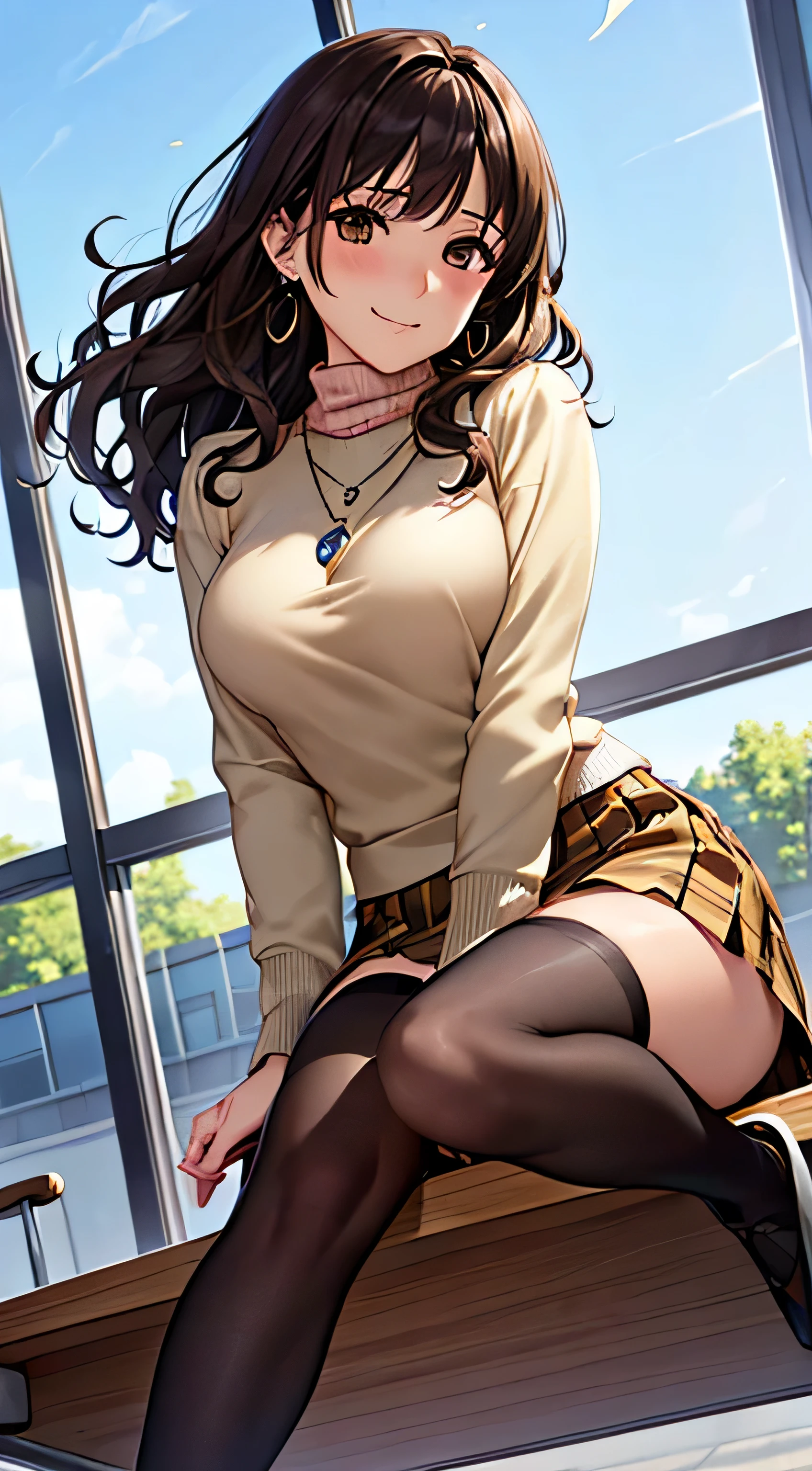 (table top, highest quality, High resolution, , perfect pixel, 4k,), 1 girl, single, alone, Beautiful woman、I could see the whole body、 ((wavy mid-length hair, bangs, brown hair)), ((brown eyes, beautiful eyelashes, realistic eyes)), ((detailed face, blush:1.2)), ((smooth texture:0.75, realistic texture:0.65, realistic:1.1, Anime CG style)), medium breasts, dynamic angle, perfect body, ((, female teacher, , earrings、necklace、turtleneck sweater、、black knee high stockings、open both legs wide、、shy smile、sit at a desk in the classroom、emphasize the chest)), Upper grade、、、evening、、(You can see the blue and white lace panties、、(、)、angle from below)、