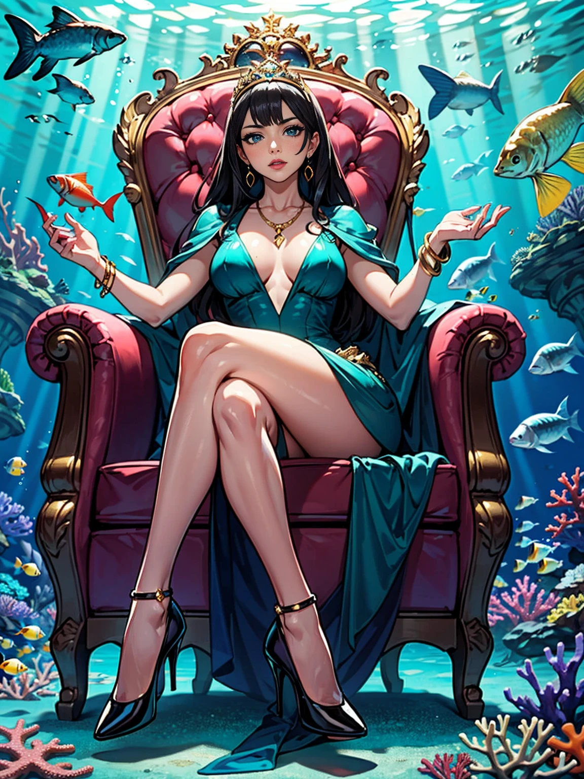 ((1girl, solo ,alone, Nico Robin, robin,nico_robin, long hair, blck hair, blue eyes, gold bracelets, ruby earrings)), ((solo, 1woman, pink lipstick, Extremely detailed, ambient soft lighting, 4k, perfect eyes, a perfect face, perfect lighting, a 1girl)), austere, ((sitting on a throne, ((legs crossed, high heels, underwater, submerged in the ocean, deep sea, sea creatures, aqua)), sitting on her throne under; water, sea queen, mu yanling, Krenz Cushart and Artgerm, ((fish, coral)), shark, turtle, algae)), ((long dress, elegant dress , formal dress, dark green dress, bracelets, ruby earrings, gold necklace, diamond, sovereign))
