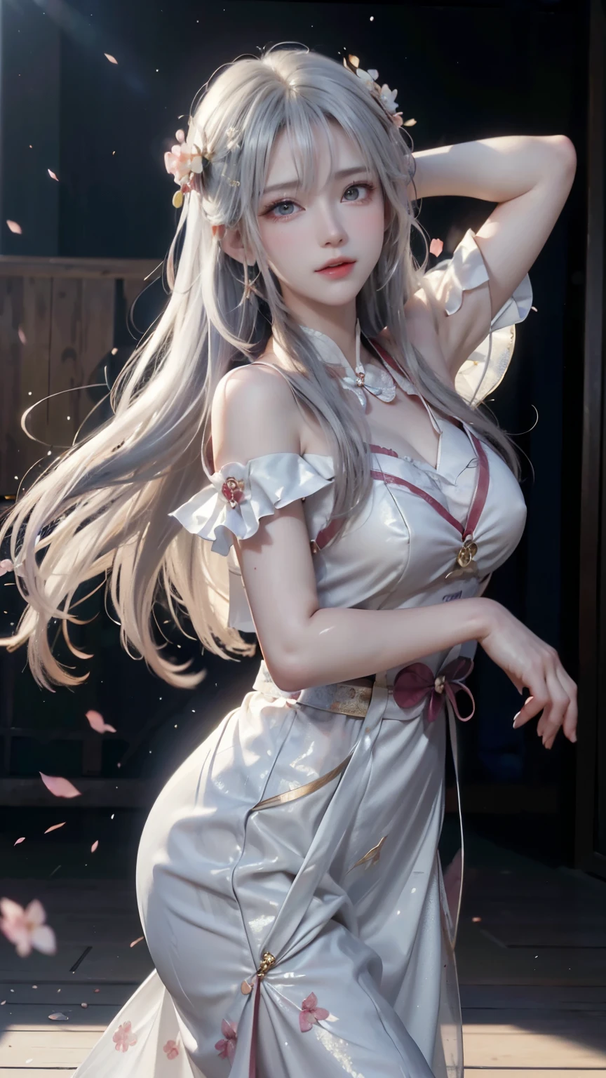 ((logo, masterpiece, 8k, table top, RAW photo, wonderful, 最high quality, Photorealistic and hvery detailed CG integrated 8k wallpaper, high quality, very detailed, Narrative poem, particle effects, dynamic effects, Depth of written boundary, cinematic light, Lens flare, ray tracing, anatomically accurate)), fantasy, 1 beautiful woman, ((white hair)), clear eyes, long hair, beautiful face, real face, 緻密でbeautiful eyes, beautiful skin, ((dancing woman, 優雅にdancing woman, 雪景色の中でdancing woman, 激しくdancing woman)), ((long hairがWindでなびく, long hairが跳ねる, long hairがWindで踊る)), hair jump, jewelry, beautiful eyes, white kimono, white obi, 白いcherry blossomsの刺繍模様, silver earrings, Light is shining, ((cherry blossoms, cherry blossomsの木, cherry blossomsの花びらが舞う, cherry blossoms吹雪, falling petals)), blue sky and white clouds background, 広大なWind景, Wind, grassland, Vast land in mythology, Spectacular view, 美しい自然のWindのWind景, hair color is white, cherry blossomsの花びらが舞う, cherry blossomsの木
