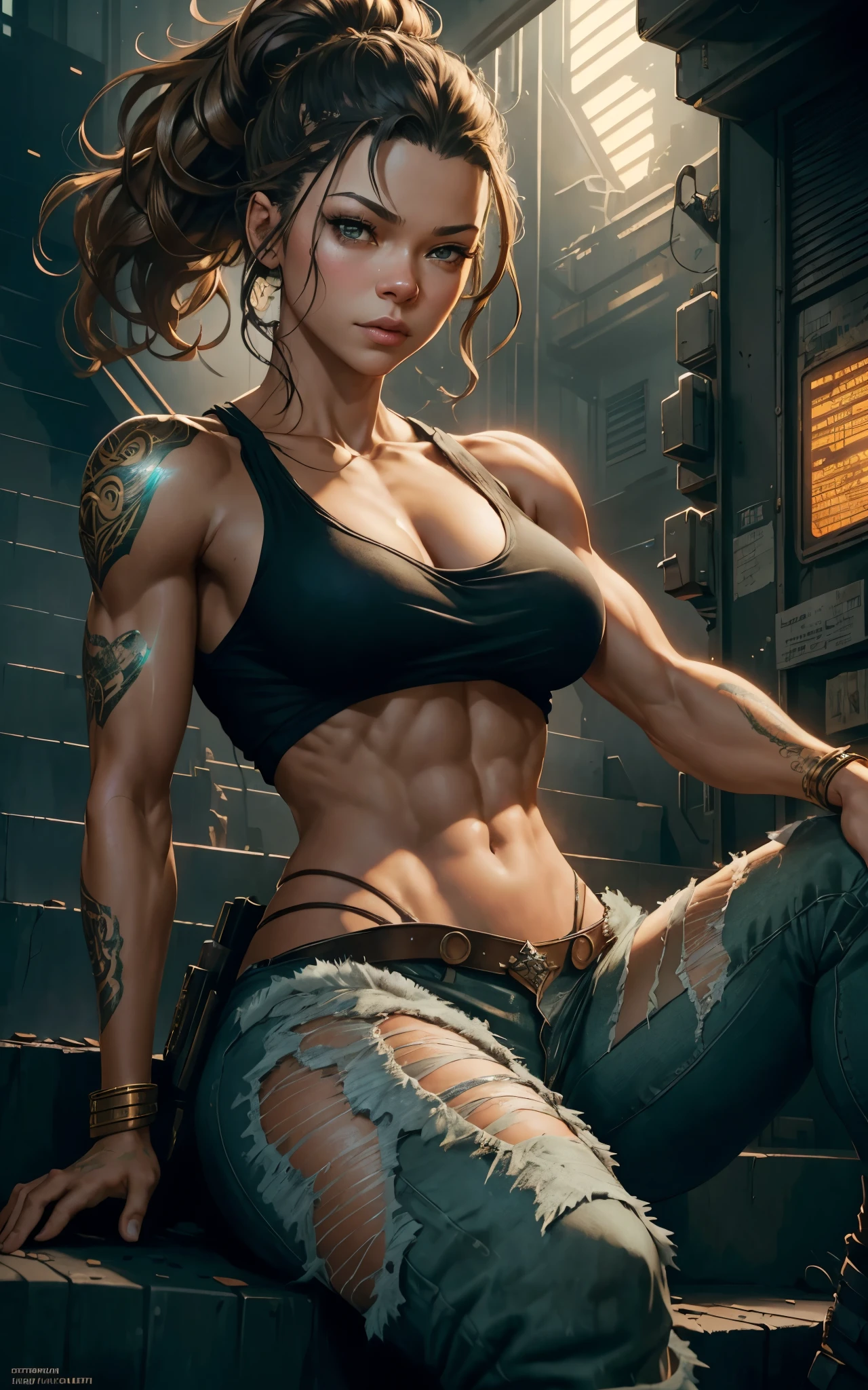 (Zendaya:Evangeline Lilly) ,sitting on some stairs, ripped jeans, tank top, ((pulls up her shirt)) , slightly muscular, Beautiful anime waifu style girl, hyperdetailed painting, luminism, art by Carne Griffiths and Wadim Kashin concept art, post-apocalyptic background, abstract beauty, approaching perfection, pure form, golden ratio, minimalistic, dark atmosphere, unfinished, concept art, intricate details, 8k post production, high resolution, hyperdetailed, trending on artstation, sharp focus, studio photo, intricate details, highly detailed, by Jon Bauer