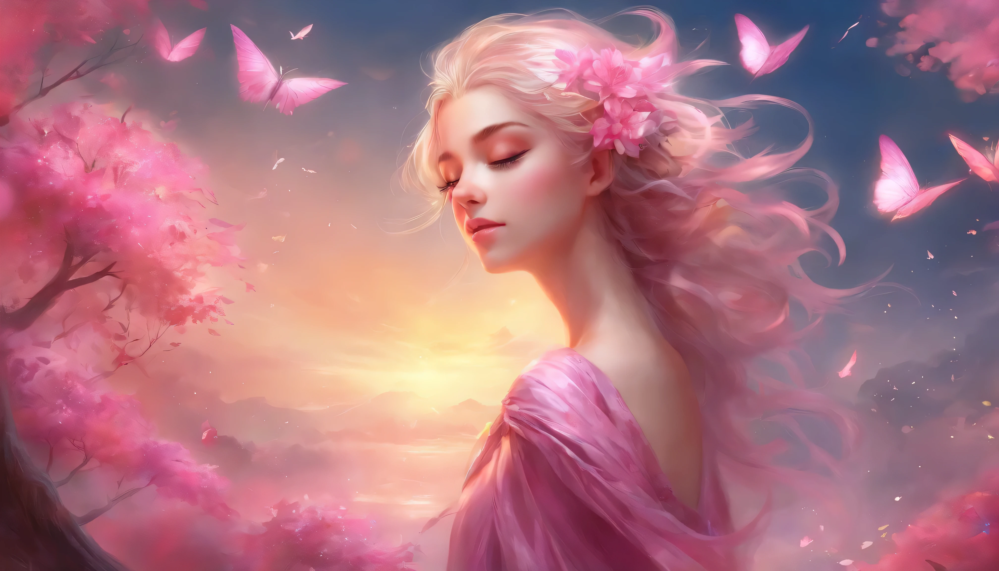 ((top-quality, 8K)), (Realistic), (Face Focus: 1.1), (pink there: 1.3), Kawaii Girl, short-hair, Hair fluttering in the wind, Facing to the side, Look up at your face, Eyes closed, (Sleeveless: 1.1), Skirt, D Cup Breasts, Countless petals are falling