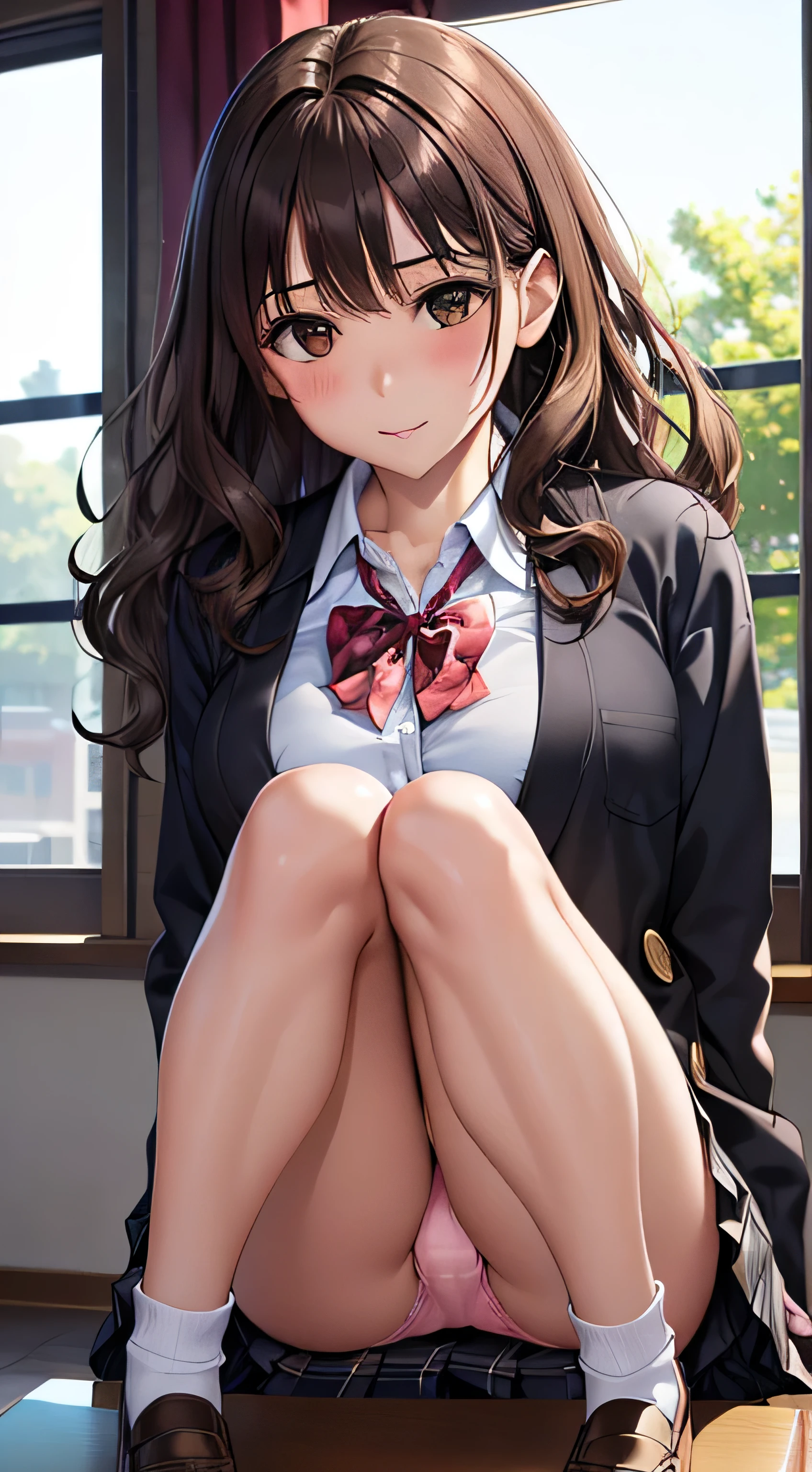 (table top, highest quality, High resolution, , perfect pixel, 4k,), 1 girl, single, alone, Beautiful woman、I could see the whole body、 ((wavy middle hair, bangs, brown hair)), ((brown eyes, beautiful eyelashes, realistic eyes)), ((detailed face, blush:1.2)), ((smooth texture:0.75, realistic texture:0.65, realistic:1.1, Anime CG style)), medium breasts, dynamic angle, perfect body, ((red bow tie, school uniform, black jacket, open jacket,cardigan, white shirt, black skirt, shirt unbuttoned、plaid skirt)), upper grade、shy smile、school classroom、evening、sit at desk、(open your legs、get down on one knee、、pale pink floral lace panties)、