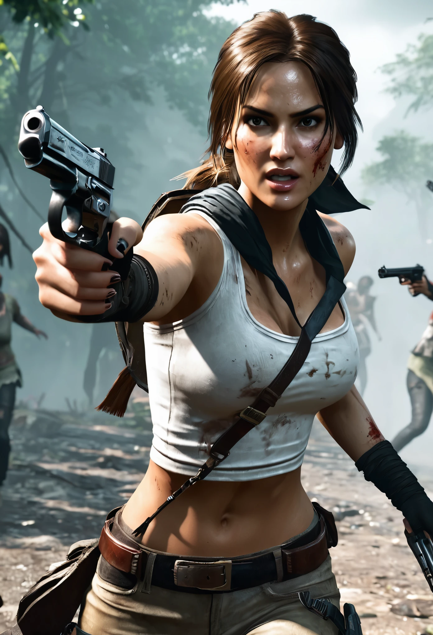 a C cup sexy slim tombraider lady holding semi auto pistols in each hand aiming at zombies while running