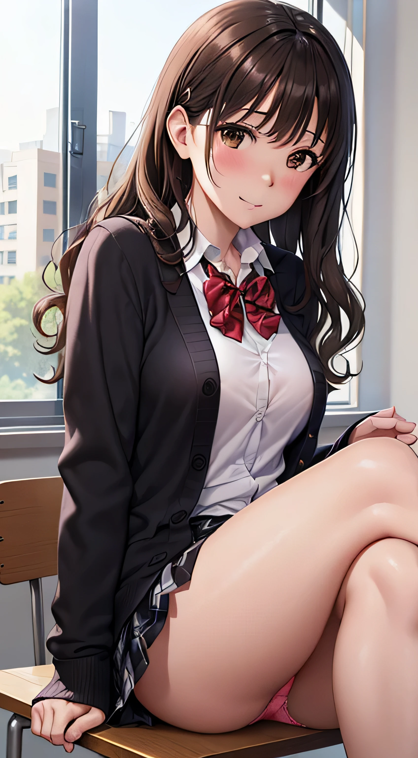 (table top, highest quality, High resolution, , perfect pixel, 4k,), 1 girl, single, alone, Beautiful woman、I could see the whole body、 ((wavy middle hair, bangs, brown hair)), ((brown eyes, beautiful eyelashes, realistic eyes)), ((detailed face, blush:1.2)), ((smooth texture:0.75, realistic texture:0.65, realistic:1.1, Anime CG style)), medium breasts, dynamic angle, perfect body, ((red bow tie, school uniform, black jacket, open jacket,cardigan, white shirt, black skirt, shirt unbuttoned、plaid skirt)), upper grade、shy smile、school classroom、evening、sit at desk、(open both legs wide、get down on one knee、show me your butt、pale pink floral lace panties)、