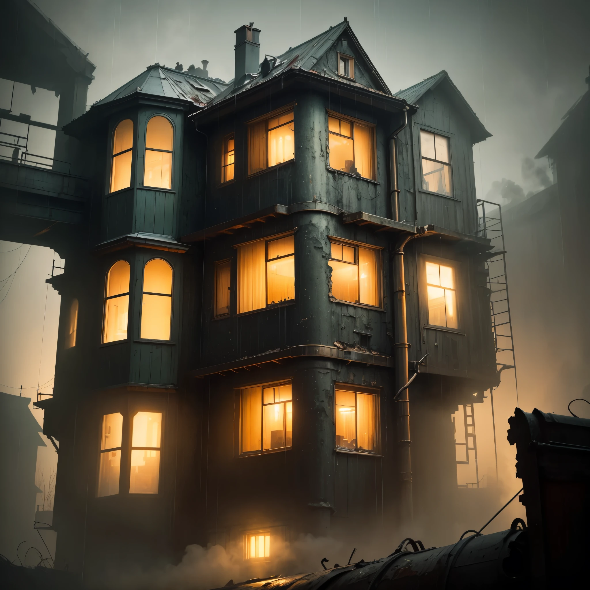A detailed masterpiece. Close view to window of A large (two-story house) a bit of grungy steam-punk design goes to the horizon, long dark, riveted, smoked windows, texture of old peeling paint, endless evenly lit rainy space in fog, yellow light, rain haze soft uniform pearly ambient light