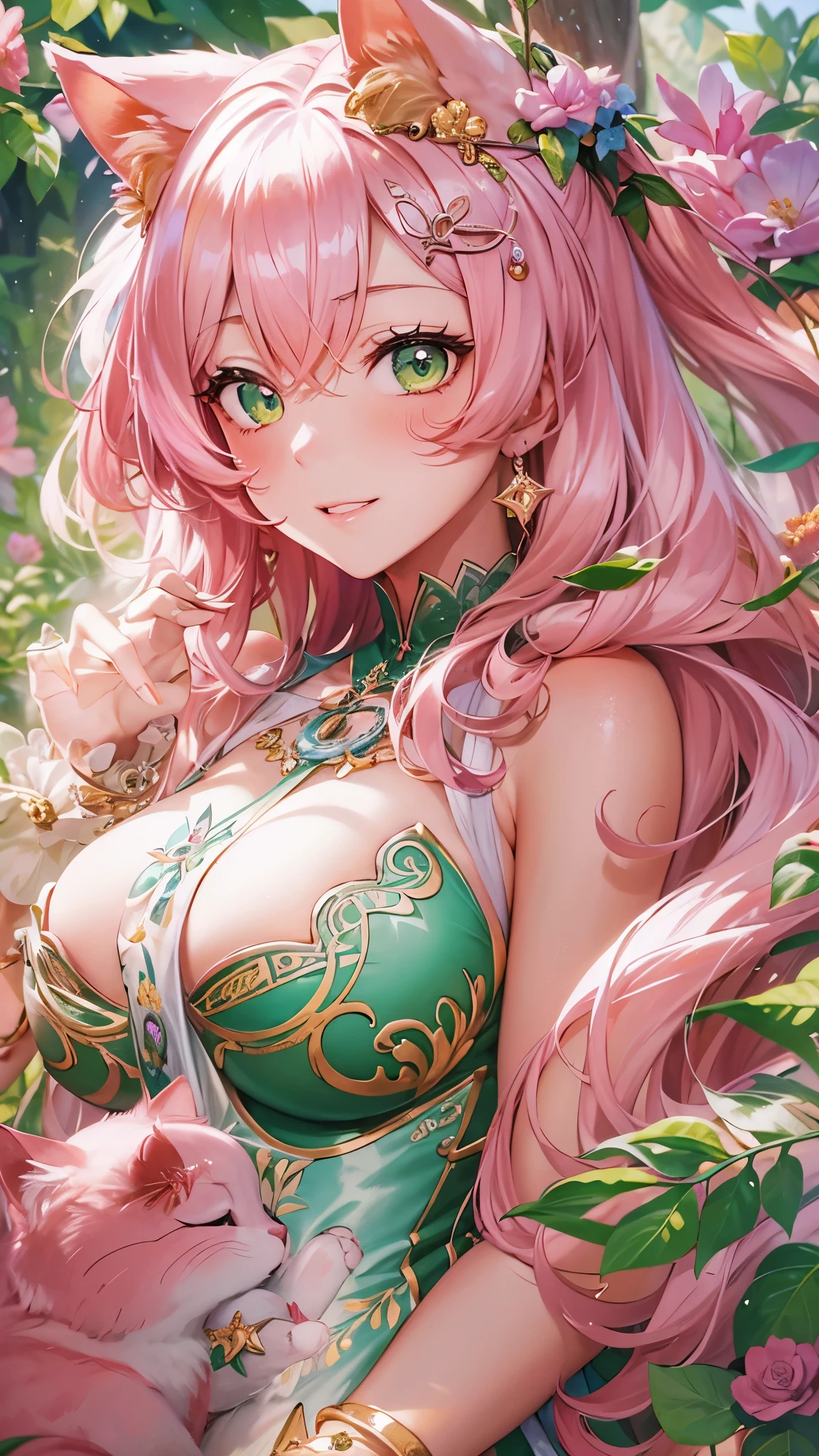 perfect anatomy, masterpiece:1.2, best quality, 8k, beautiful detailed grow, daydreaming expression:1.4, Precise and unmatched illustrations:1.3, (claw pose) (solo straight pink hair long hair lovely pink cat girl, sexy green eyes, lovely smile, bigboobs), in a spring suit, head is pink cat ears, break, in the enchanted garden.