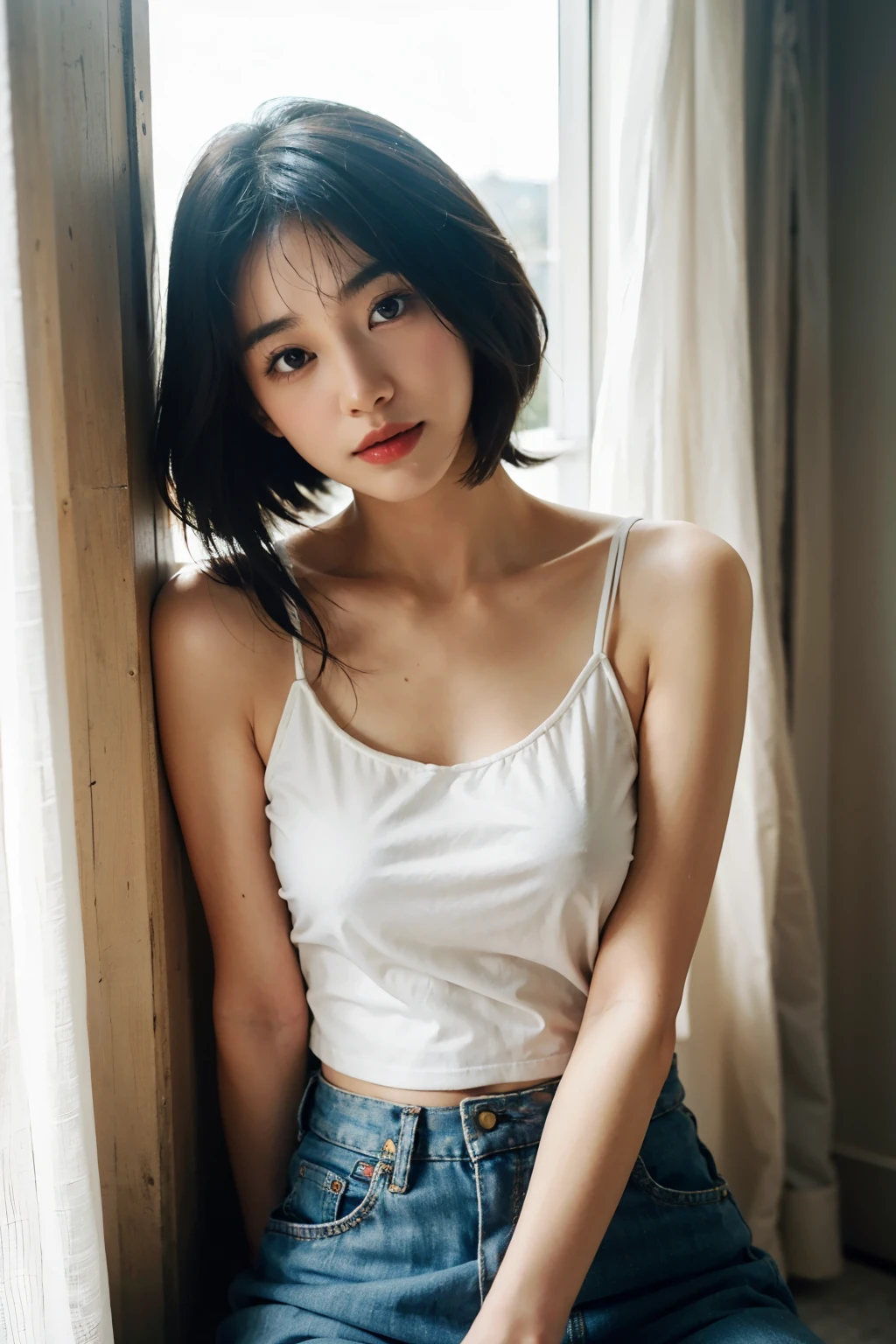 Ayaka Miyoshi, Women posing naked, Best Quality, 1girl, (huge breasts), Sun, Bright, Blurred background, Bokeh, Outdoors, Gorgeous, (Floating hair, Bangs, Hair up: 1.5), Beautiful details sky, (Beautiful earrings), (Dynamic poses: 1), (Upper body: 1.2), Soft lighting, Wind, Glossy skin