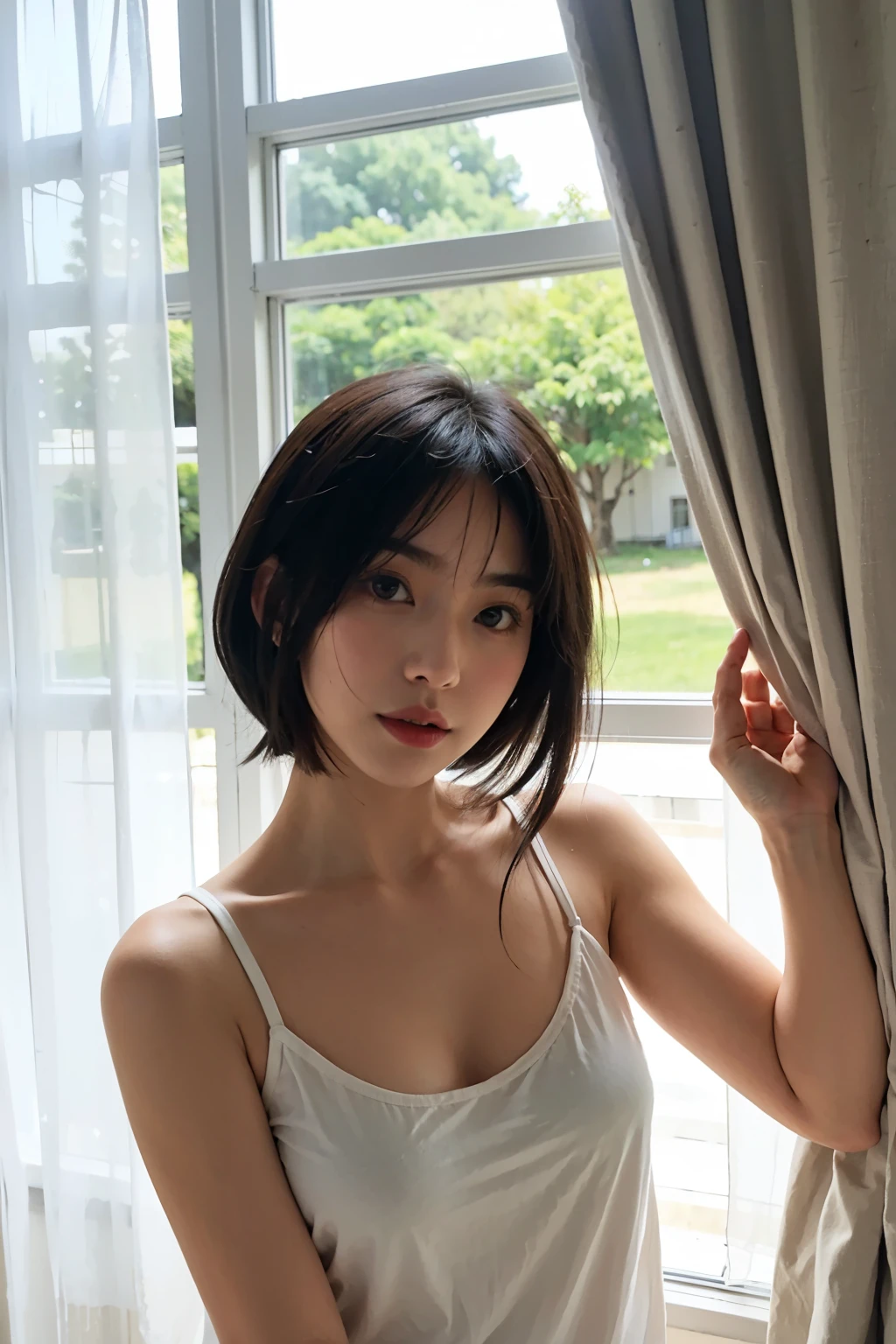 Grey camisole、delicate bangs、Put your right hair over your ear、shiny pink lips,Flip Eyeliner