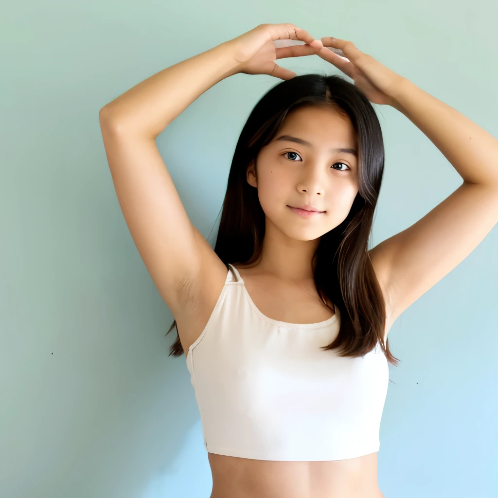  on top，Looking down，from below，standing on a desk，White light panties，Crotch view，Mocking expressions，Smiling，White lightweight bra，Large angle upward view，Sky background or ceiling background