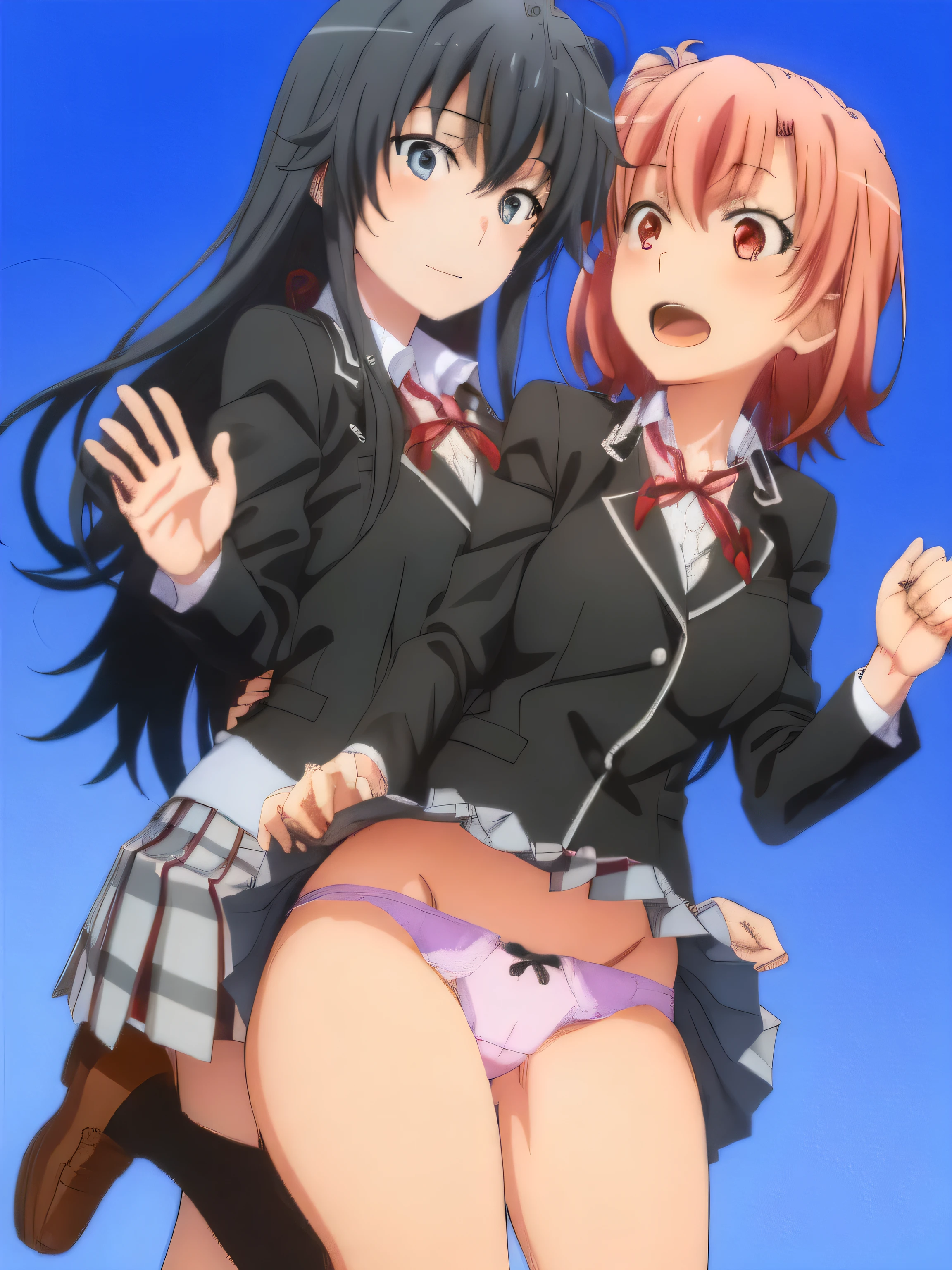 2 girls ,(old high quality) ,Yukinoshita Yukino , Yuigahama Yui , jump , Low - Angle,school uniform,(check skirt),(check skirt捲れる),thighs,(white panties),(pink panties),