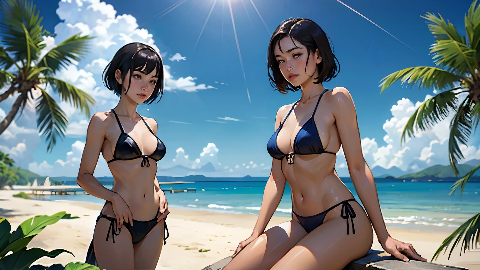 ((highest quality, masterpiece, High resolution)), ((reality)),Photos of beautiful Japanese women, (((three girls))), normal size breasts, slim body shape, medium short hair, double eyelid, Wet see-through bikini, realistic skin、Wet,whole body,No zoom,No close-ups,cinematic light、tropical、Against the background of palm trees on both sides、on a sunny beach、With the sea in the background、blur background、