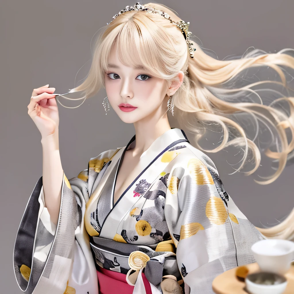 8k）、（best image quality:1.5）、gray background、close up of face、１girl、masterpiece、delicate and sharp eyes、brown eyes、eye power、delicate face、cup、fascinating face、platinum blonde hair、Semi-long wave、japanese kimono、white kimono、Kimono with visible collarbone、gal、Emphasis on the clavicle、earrings、