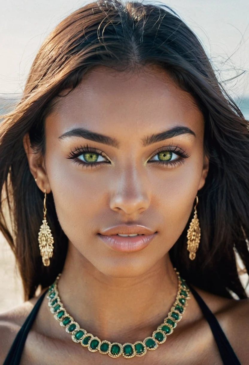 arafed black woman with a black bikini and a necklace on the beach, brazilian woman, tanned caramel skin, sexy girl with light green eyes, portrait sophie mudd, brown hair and large eyes, picture of a young woman, bedroom eyes, violet myers, without makeup, natural makeup, looking directly at the camera, face with artgram, subtle makeup, piercing green eyes, 4 kodak portra 400 ,camera f1.6 lens ,rich colors ,hyper realistic 