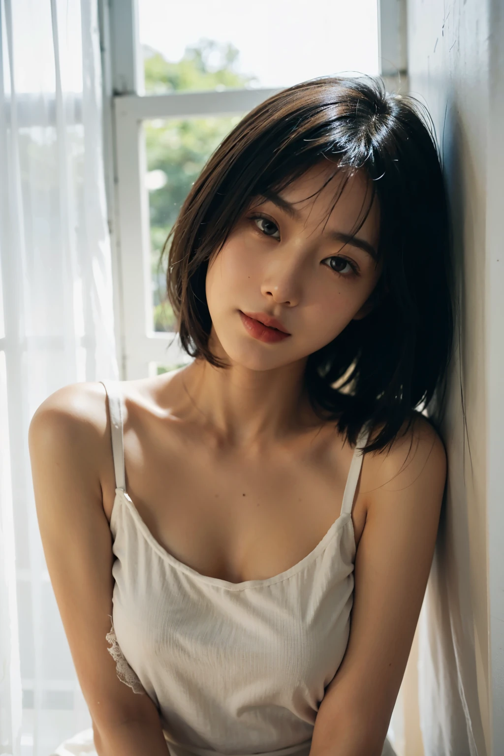 arafed asian woman in white tank top leaning against a curtain, a picture by Jason Chan, tumblr, shin hanga, wearing white camisole, beautiful asian girl, asian girl, young cute wan asian face, young asian girl, in white clothes, girl cute-fine-face, young and cute girl, a young asian woman, anime thai girl