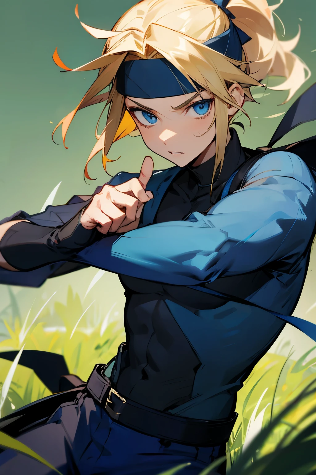 avatar, blonde hair, young male, blue outfit, black shirt, blue eyes, grass background, pony tail, black headband