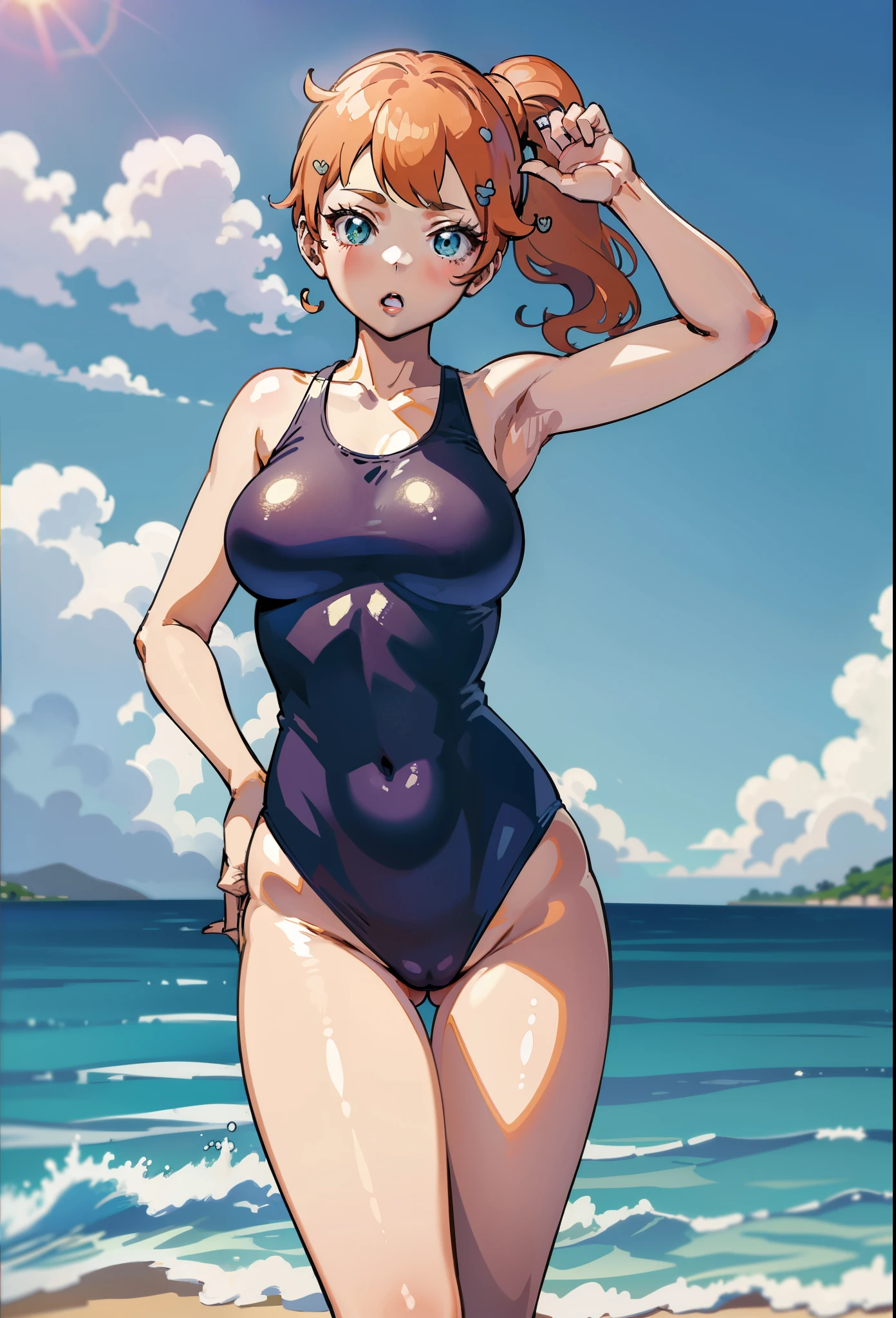 anime woman in a navyblue swimsuit on the beach waving、long orange hair woman、Green Eyed Woman、One-sided up-up hair、solo、is wearing a swimsuit、ワンピースswimsuit、clothing:ハイカットswimsuit、swimsuit、girl wearing a dark blue tank suit、ワンピースswimsuit着用、wet swimsuit、High leg school swimwear、スクールswimsuit、high leg school swim suit、(anime woman)、on the beach、学校のswimsuit、sexy woman wearing tank suit、日本の学生用swimsuit、beautiful anime woman、cool woman wearing school swimsuit、 cool anime woman、tall woman、big breasts、woman with very large breasts、adult sex appeal、sexy atmosphere、in the sea、pretty anime girl、anime moe art style、Smooth anime CG art、Also、anime best girl、naughty anime style、!!full body portrait!!、beautiful charming anime 、