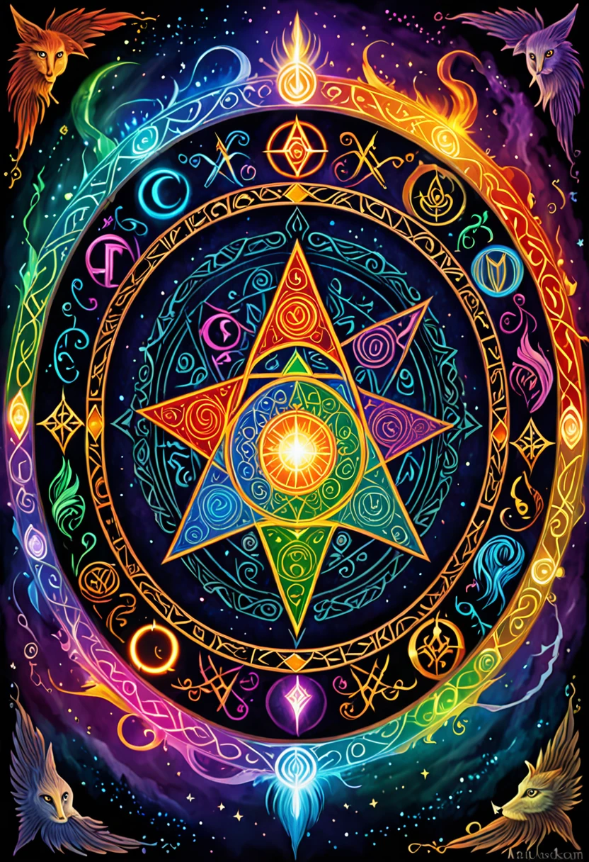 A captivating image of a magic circle glowing with an array of vibrant colors. The circle is surrounded by a variety of mystical symbols and runes. In the center of the circle, a wizard or sorceress stands confidently, their hands outstretched, controlling the elements. The atmosphere is filled with a sense of wonder, power, and the unknown.