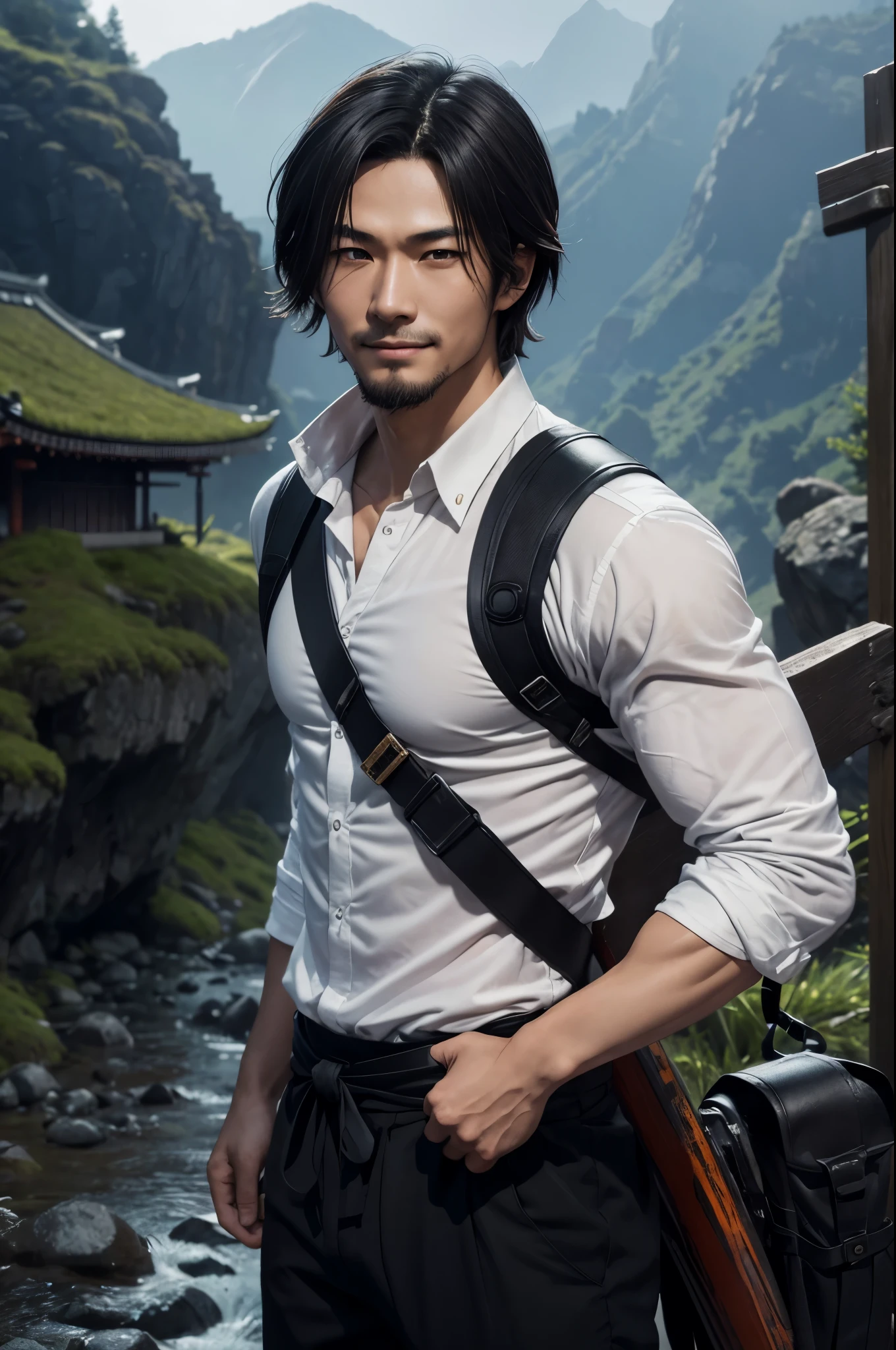 8k,派手な茶色のミディアムボブヘアの若いAsianの青年(24-years-old),challenging atmosphere,muscular slim body,super realistic skin,Severely cracked abdominal muscles,black and orange combat uniform,white inner shirt,black and orange combat pants,Carrying a large and long Japanese sword,いたずらなsmile,Big eyes,black eye,Wear black combat uniform to hide your body,perfect hand shapeの詳細,comical pose,masterpiece,Photorealistic RAW photos of the highest quality。bright colors,rich colors, Backlight, cinematic lighting, film grain, to be born, 50mm lens, Nikon D850,detailed character art,fantasy art,ultra high resolution,super realistic skin,perfect hand shape,mountain path,Persona4(Hanamura Yosuke),wild(super realistic skin),one point beard,Asian,abandoned temple,white shirt,Big eyes,smile,