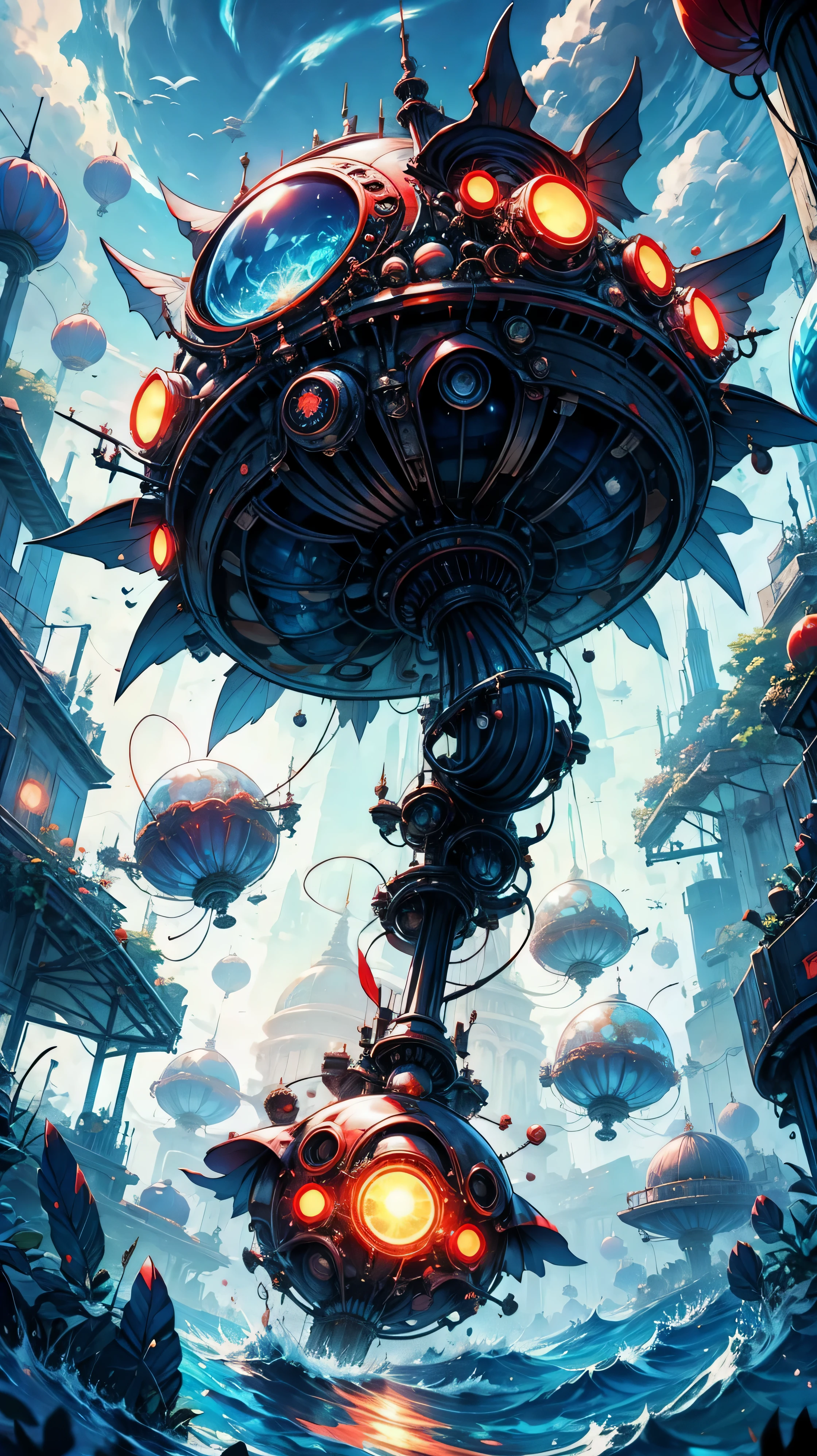 sphere-shaped bomb jellyfish, vibrant red, explode, red jellyfish structure, bomb, HD, Ultra-clear