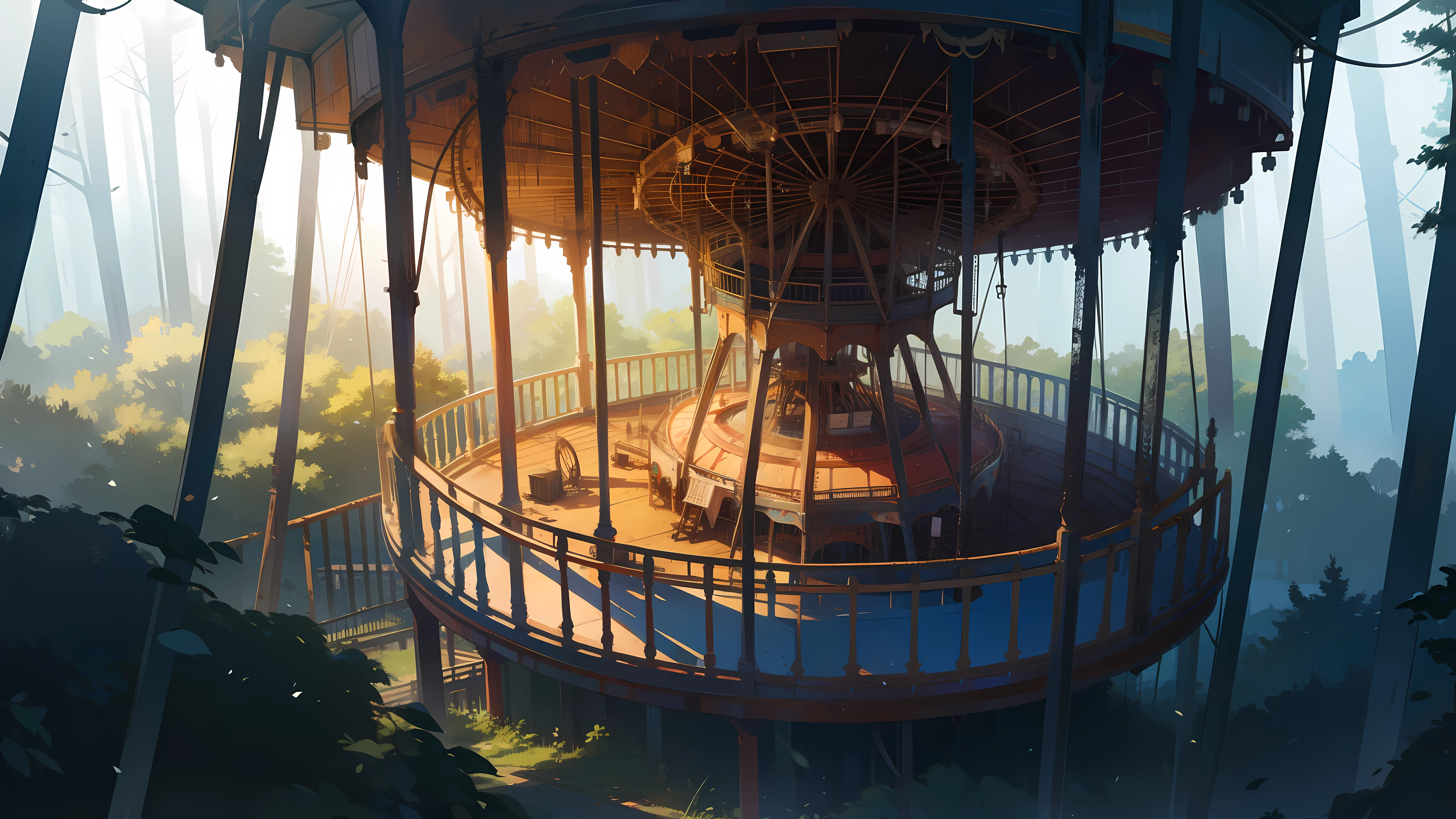 Abandoned Ferris wheel and carousel in the forest