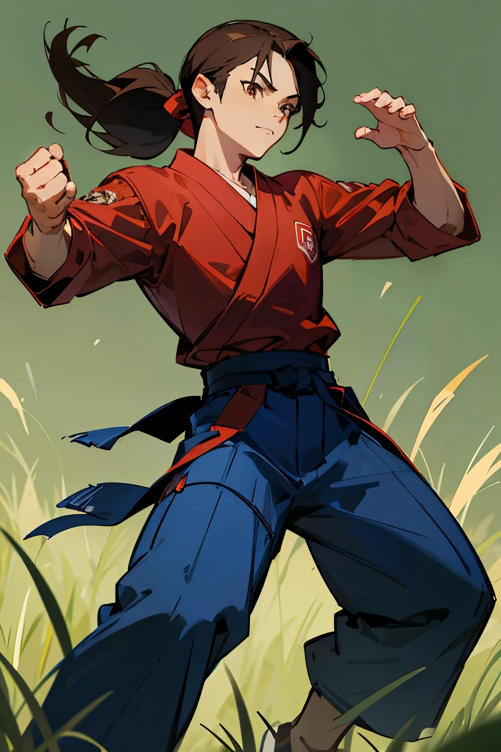 avatar, brown hair, young male, blue outfit, red shirt, brown eyes, grass background, pony tail, red karate pants