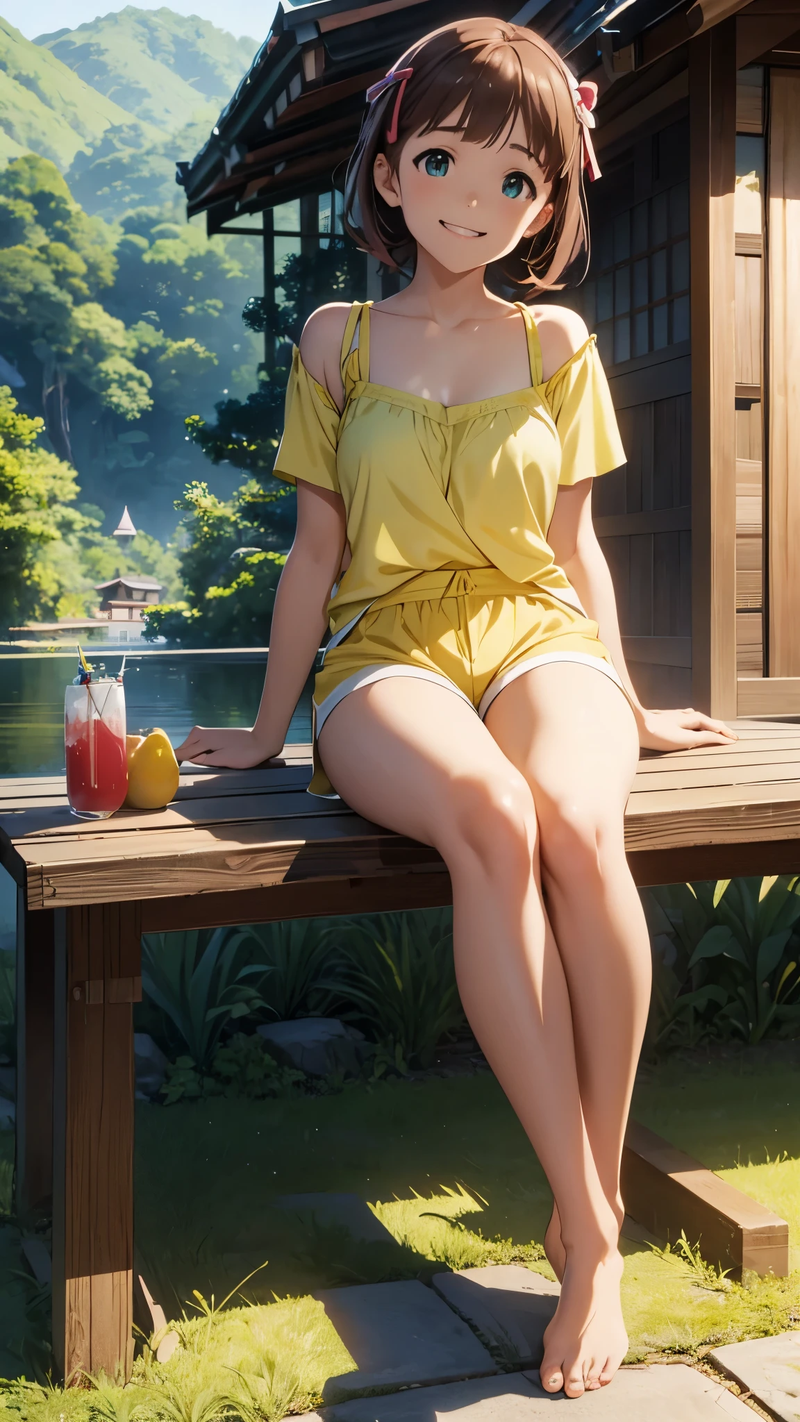 CG, unity, 8k, wallpaper, highest quality, masterpiece, haruka amami, (smile: 1.2), sitting on the engawa, yellow camisole, shorts, barefoot, thighs, best lighting, complex pupils, complex textile, detailed background, Japanese countryside scenery, hand out an popsicle to the viewer